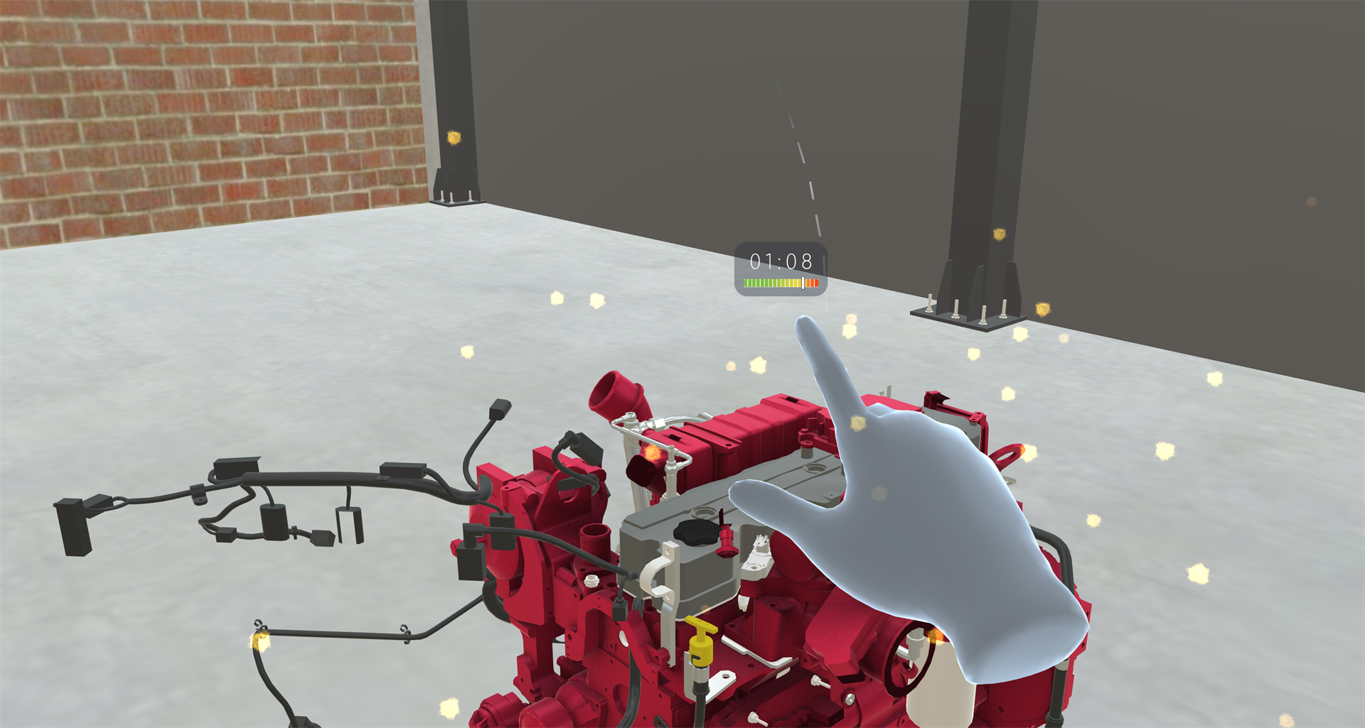 The speed bar below the timer, with its marker near the red end, and particles floating around the trainee