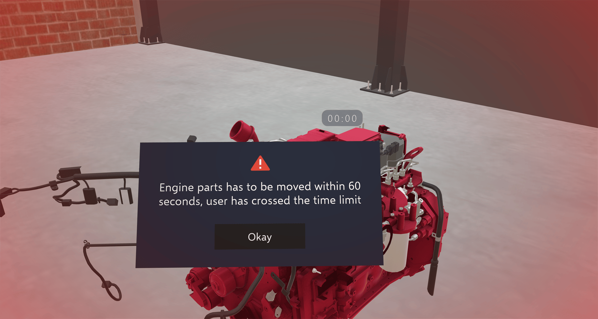 The time-up alert with the timer at 00:00, an error message, an Okay button, and a red tint around the view