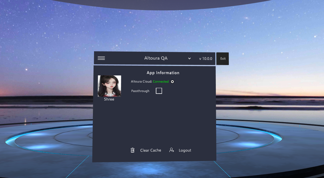 The App Information panel showing Altoura Cloud Connected, the Passthrough checkbox, and the Clear Cache and Logout buttons