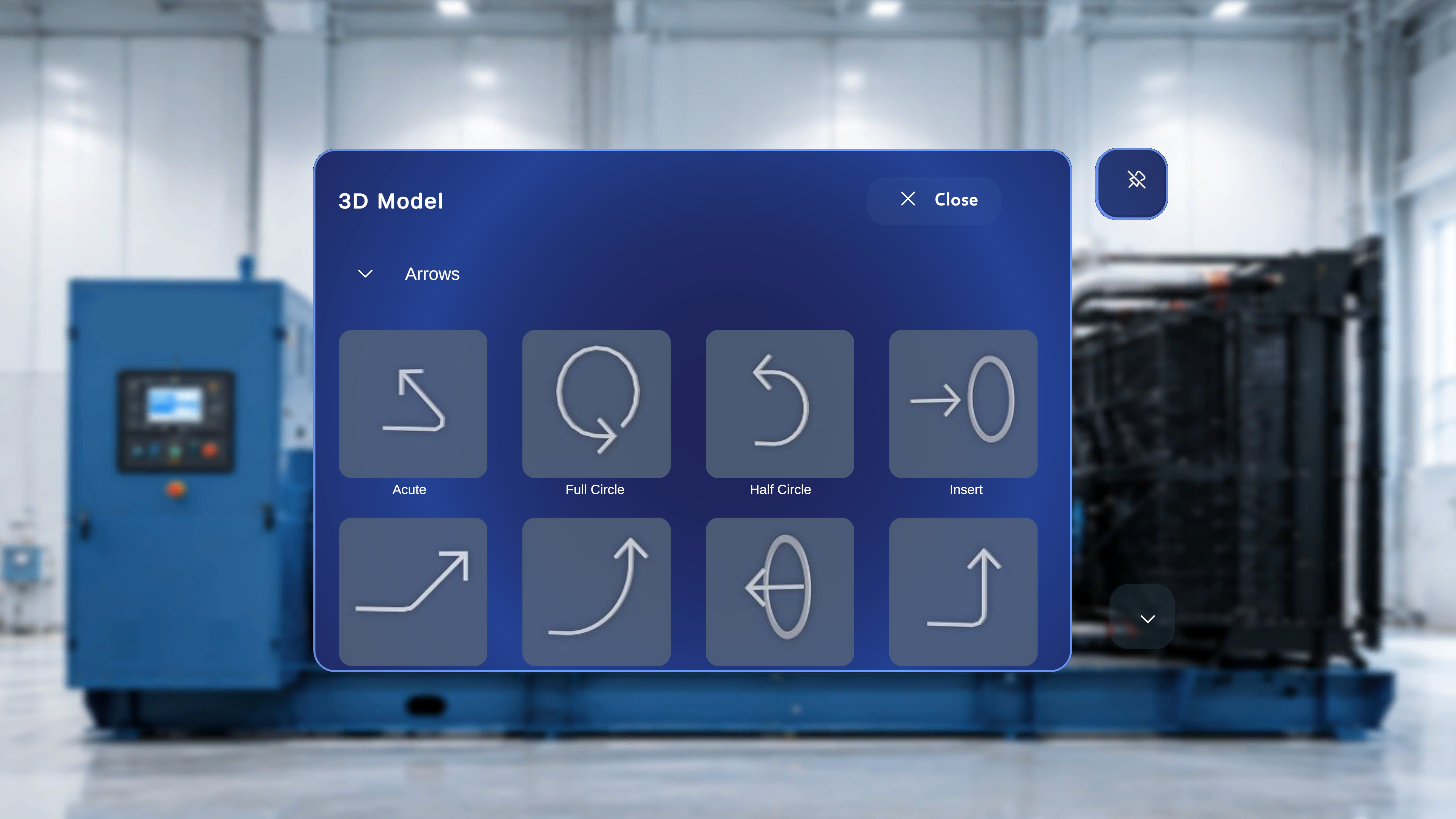 Default 3D Model catalogue open with the Arrows group expanded, showing eight arrow tiles including Acute, Full Circle, Half Circle, and Insert