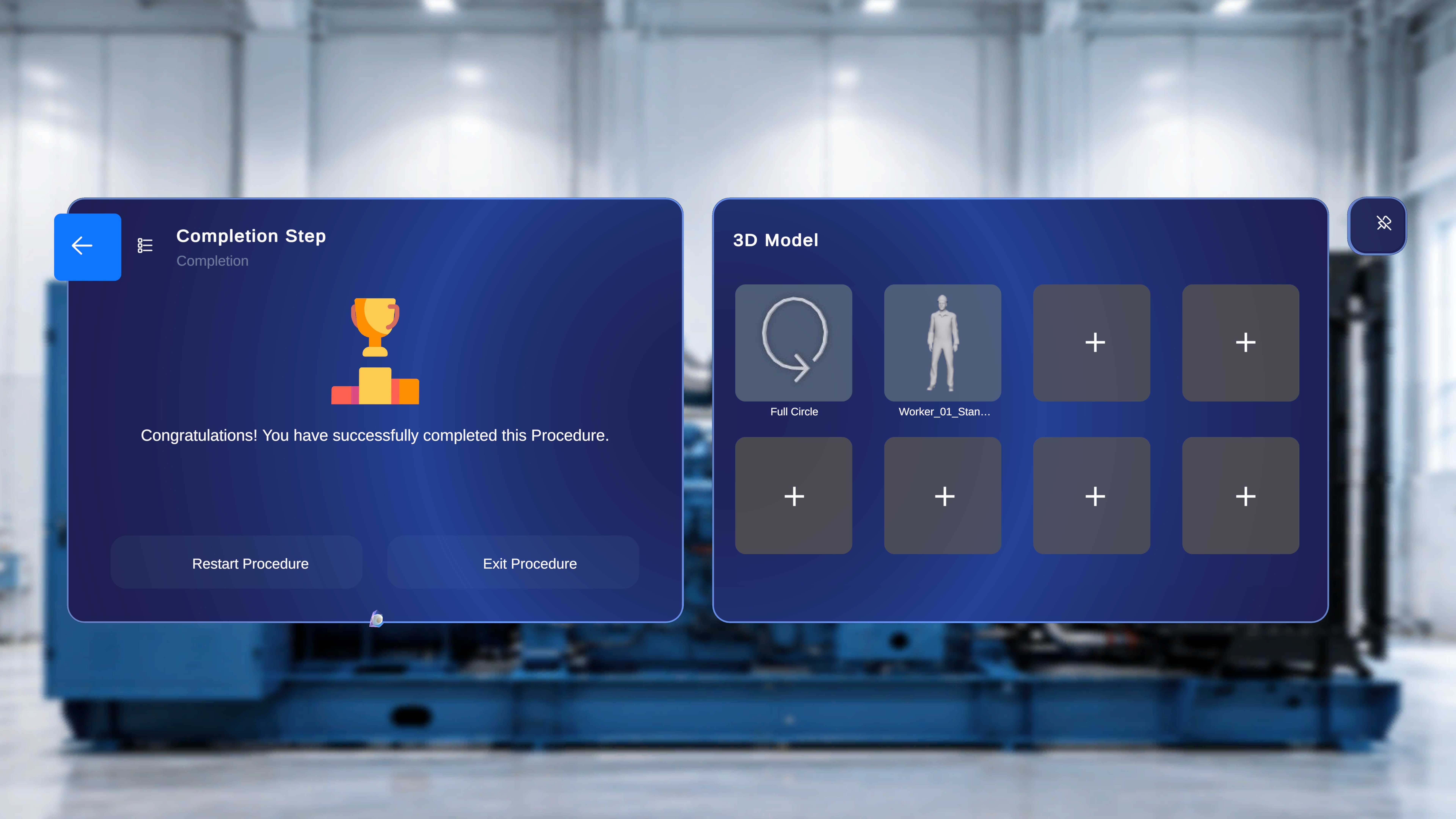 Completion Step panel displaying the congratulations message with Restart Procedure and Exit Procedure buttons