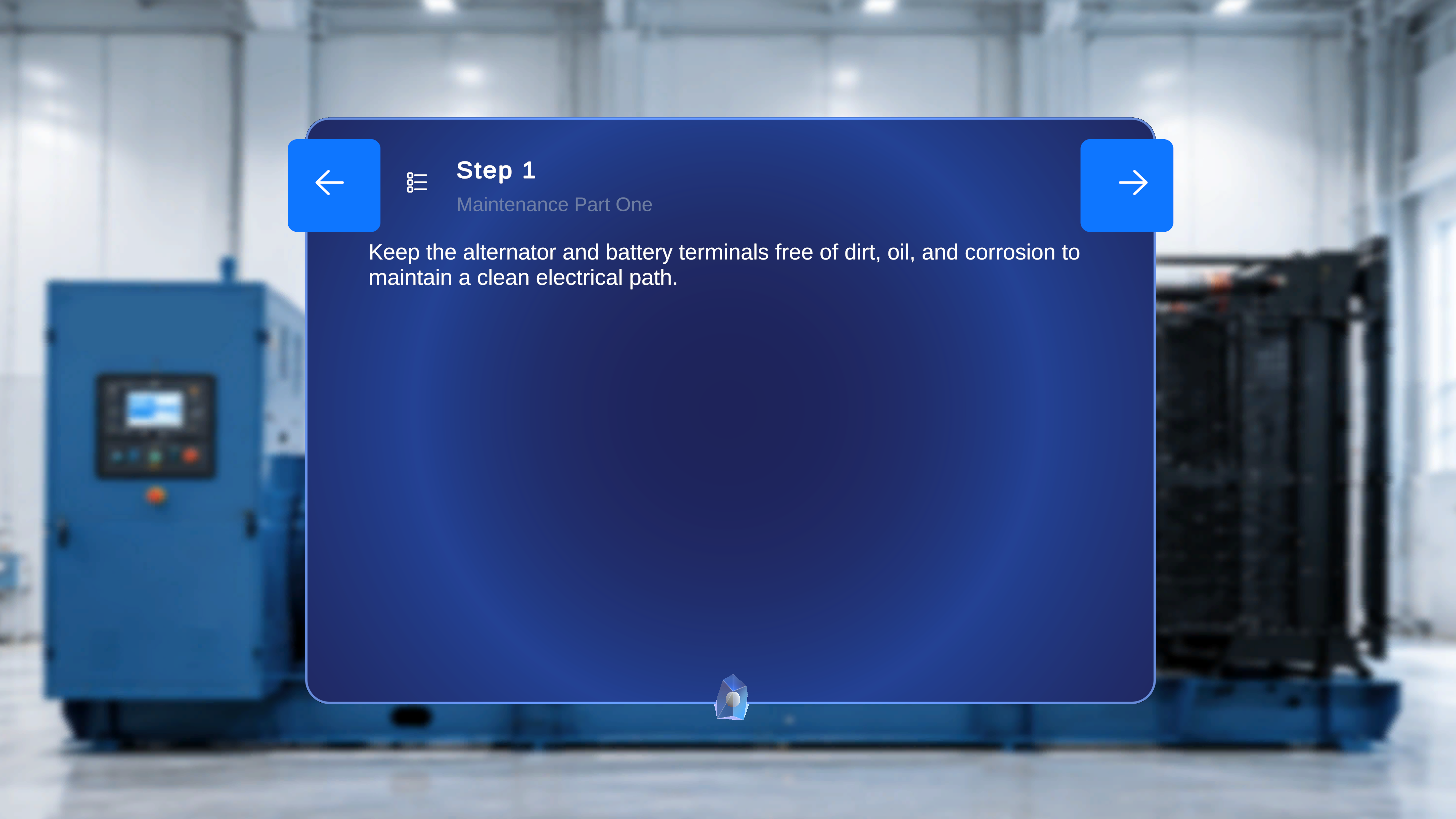 Step panel showing the step number, title, description text, and Back and Next navigation arrows