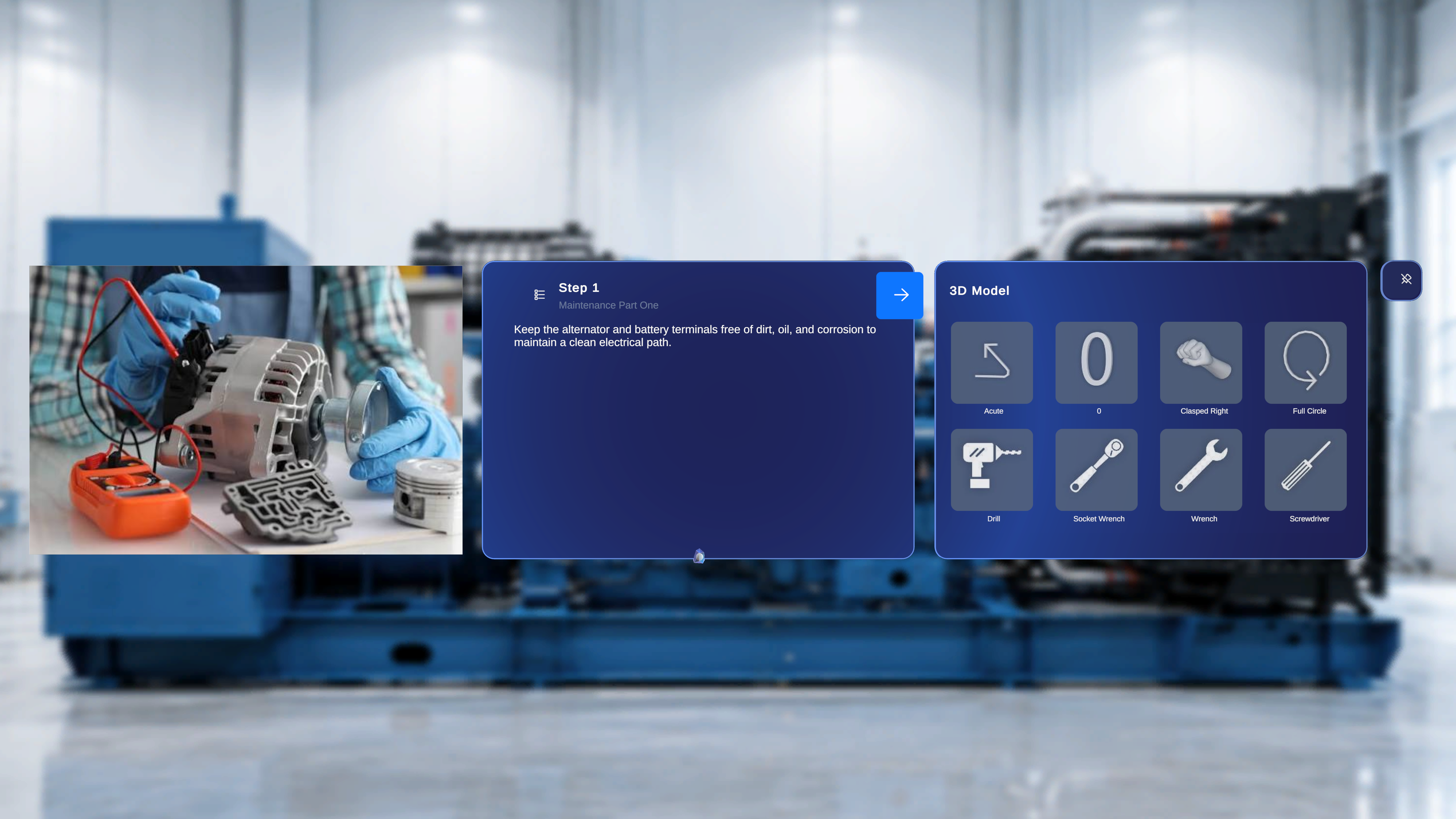 Procedure step view showing the media panel on the left, the Step 1 instruction panel in the centre, and the 3D Model panel on the right