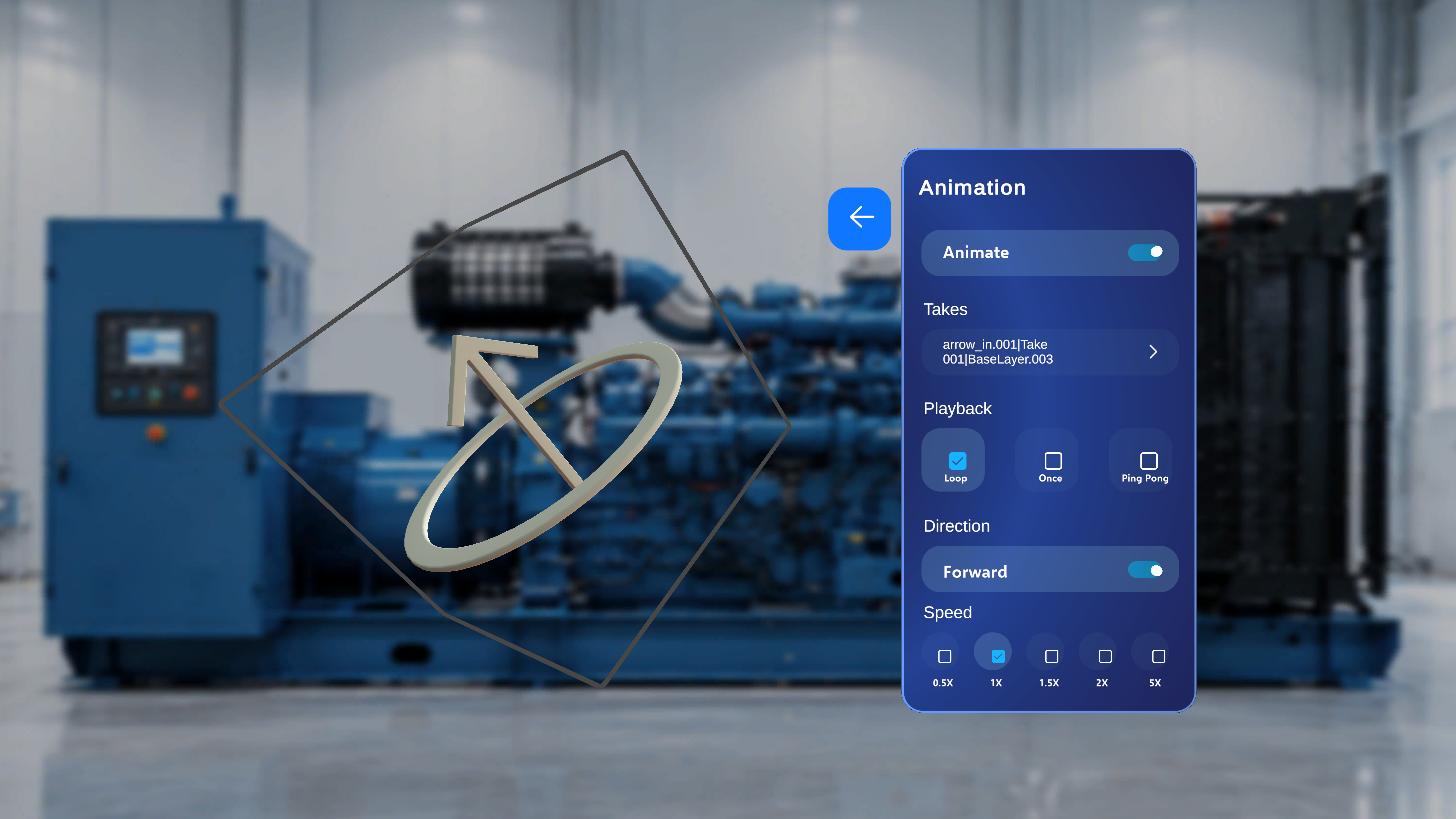 Animation settings panel for the selected model showing Takes, Animate toggle, Playback options, Direction, and Speed controls