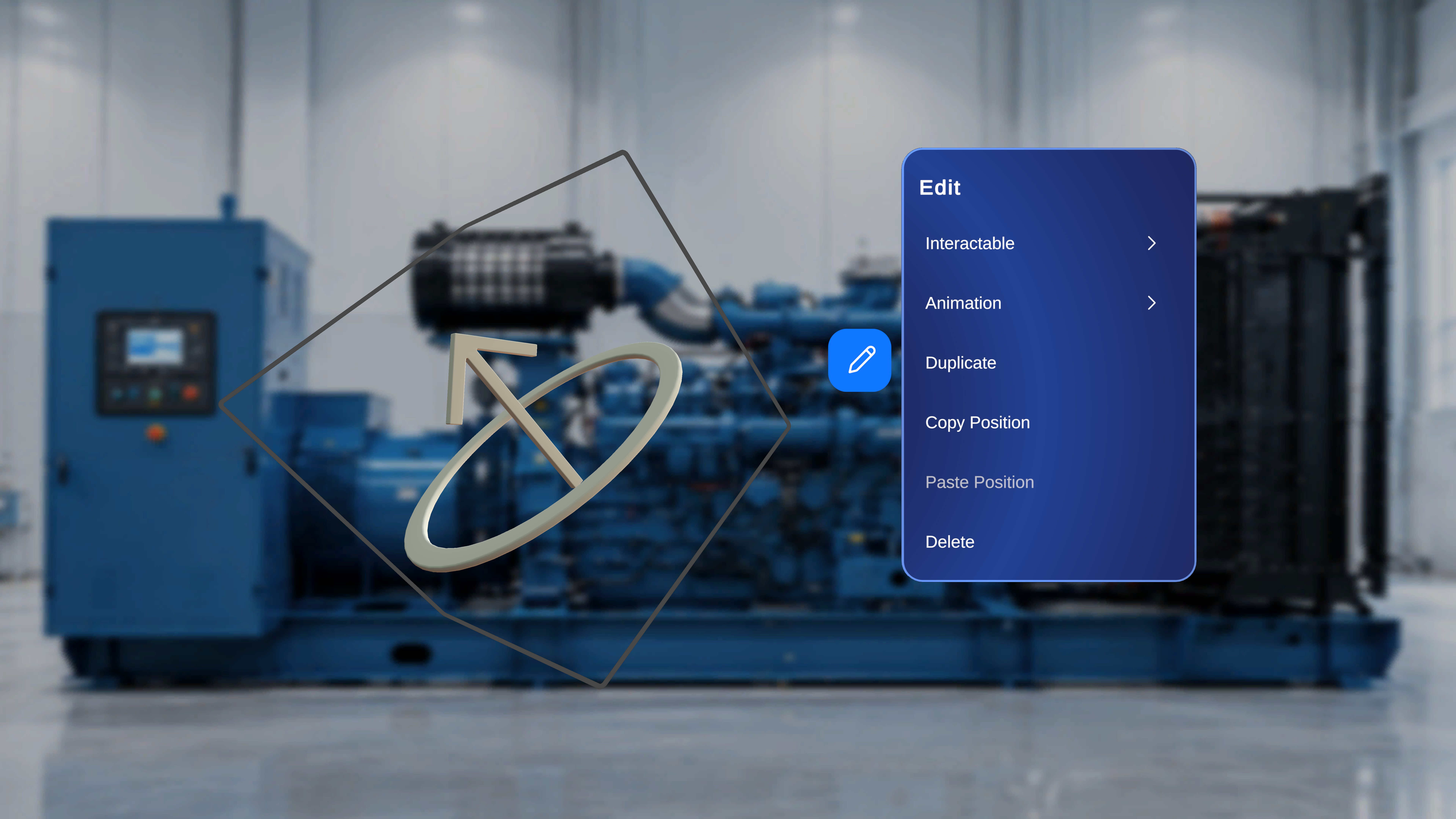 Edit panel opened for a selected 3D model showing Interactable, Animation, Duplicate, Copy Position, Paste Position, and Delete options