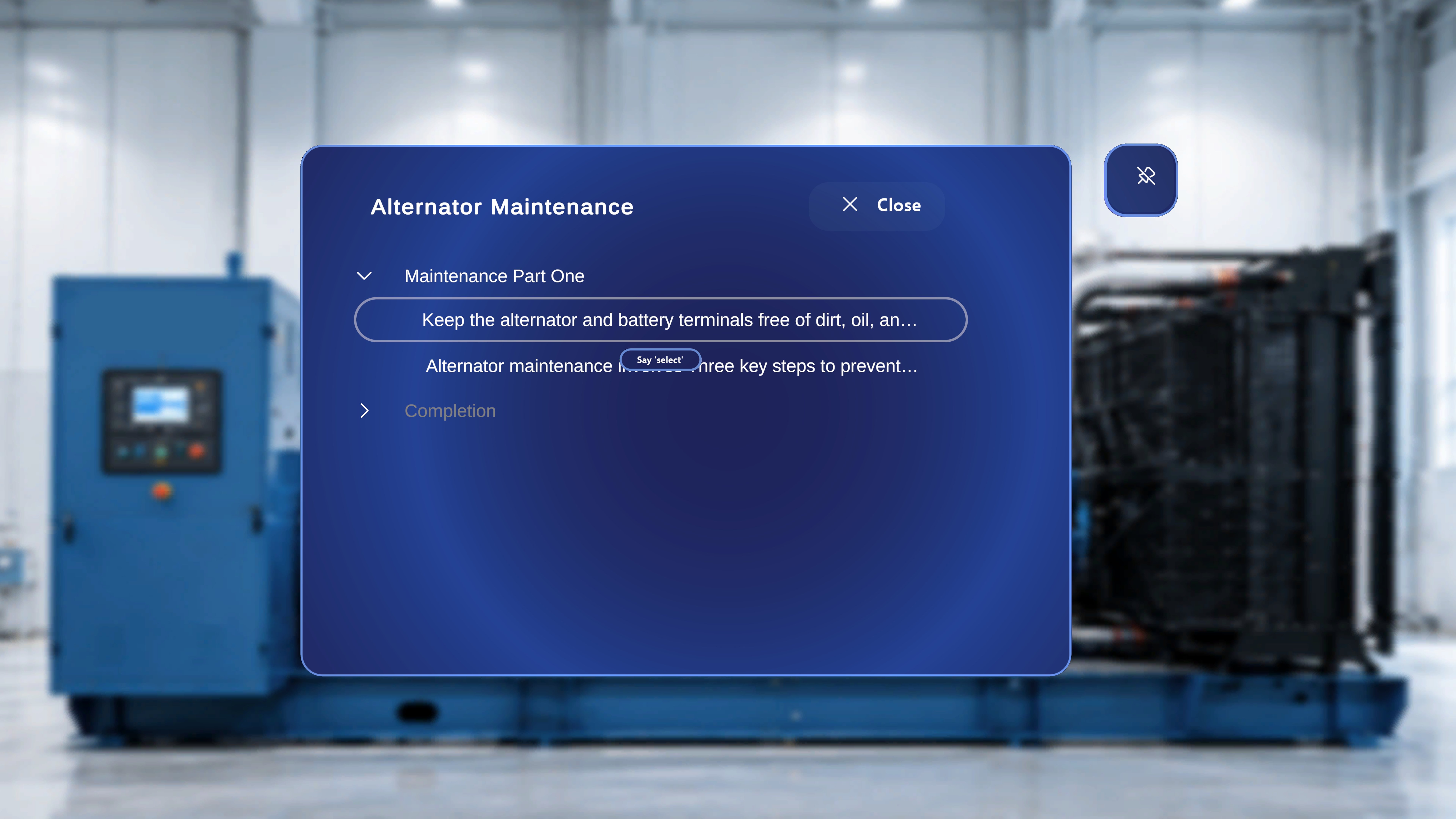 Step List Panel showing tasks and steps with a step in focus and the 'Say select' voice tooltip visible