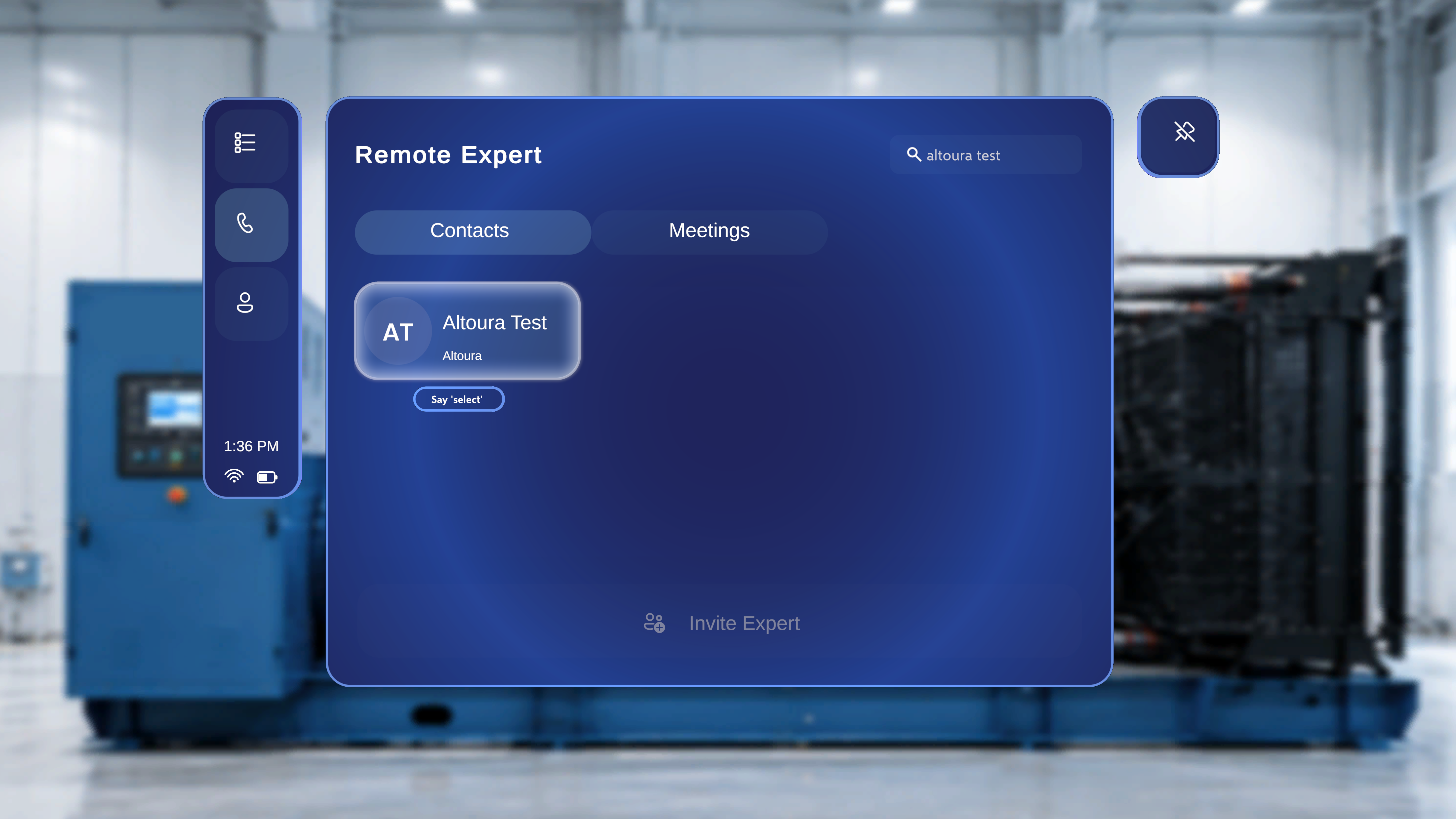 A Remote Expert contact card in focus, with the 'Say select' tooltip visible beneath it.