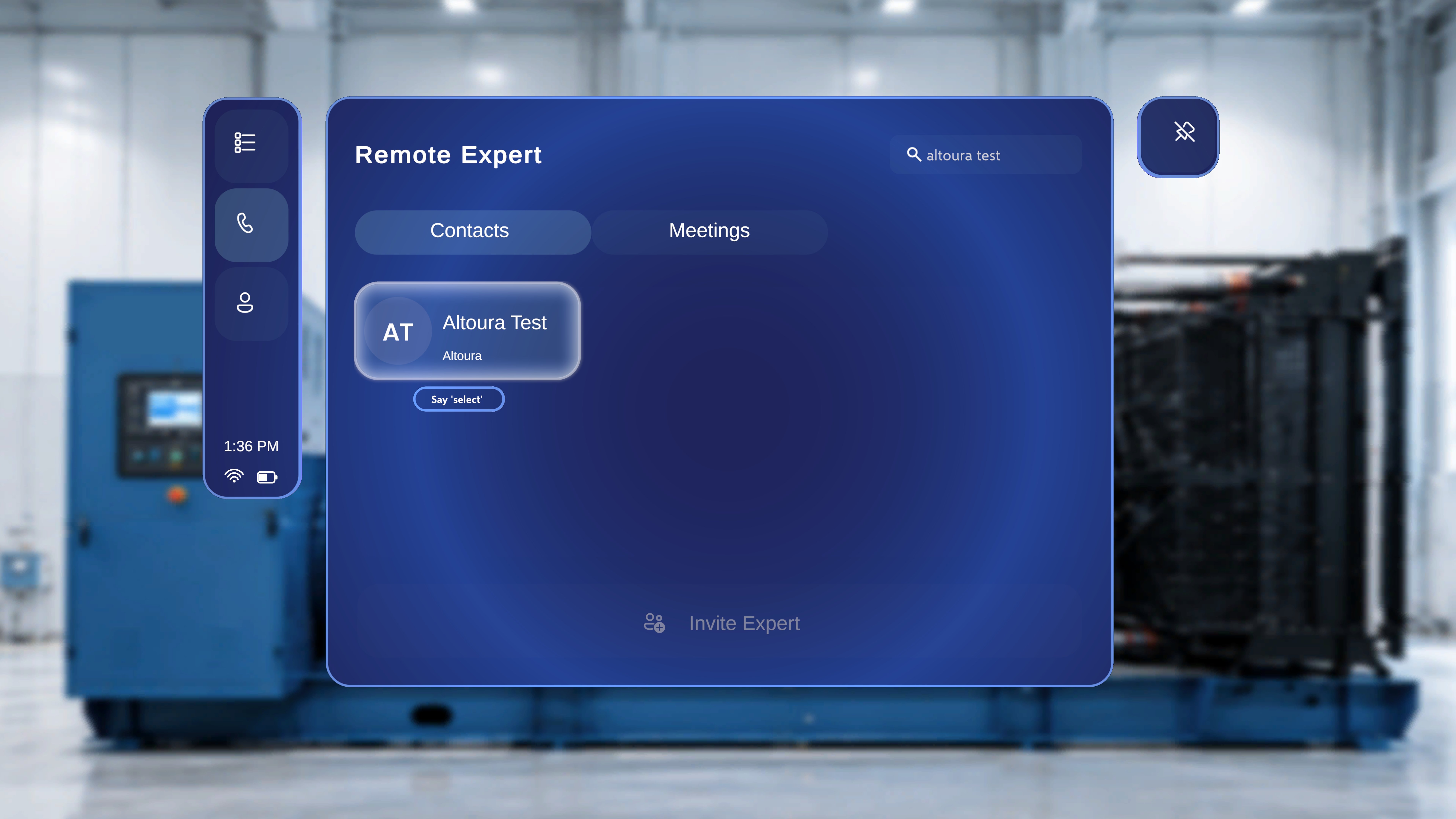A Remote Expert contact card in focus, with the 'Say select' tooltip visible beneath it.
