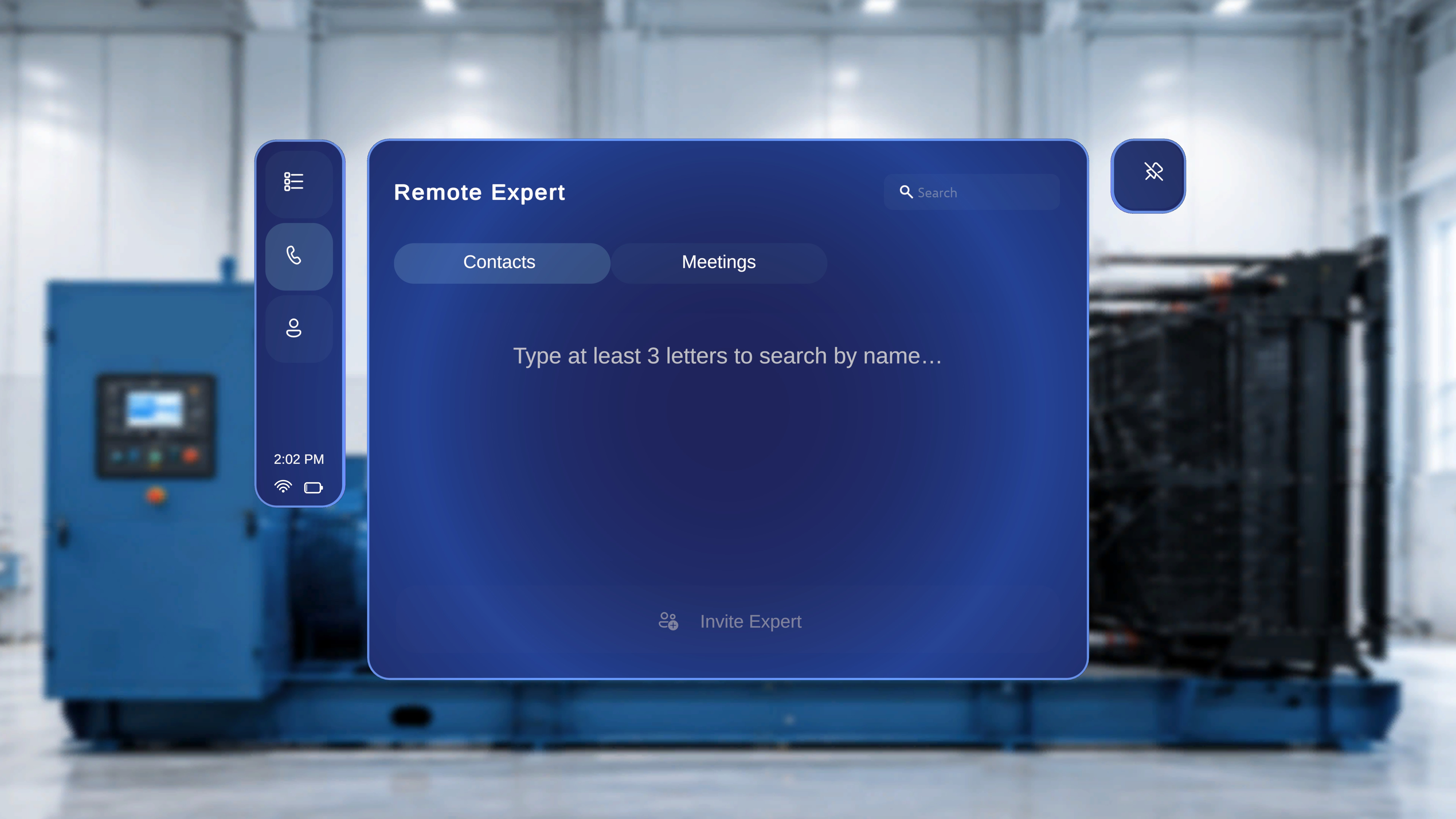 Remote Expert side menu shown on the palm inside the Remote Expert experience