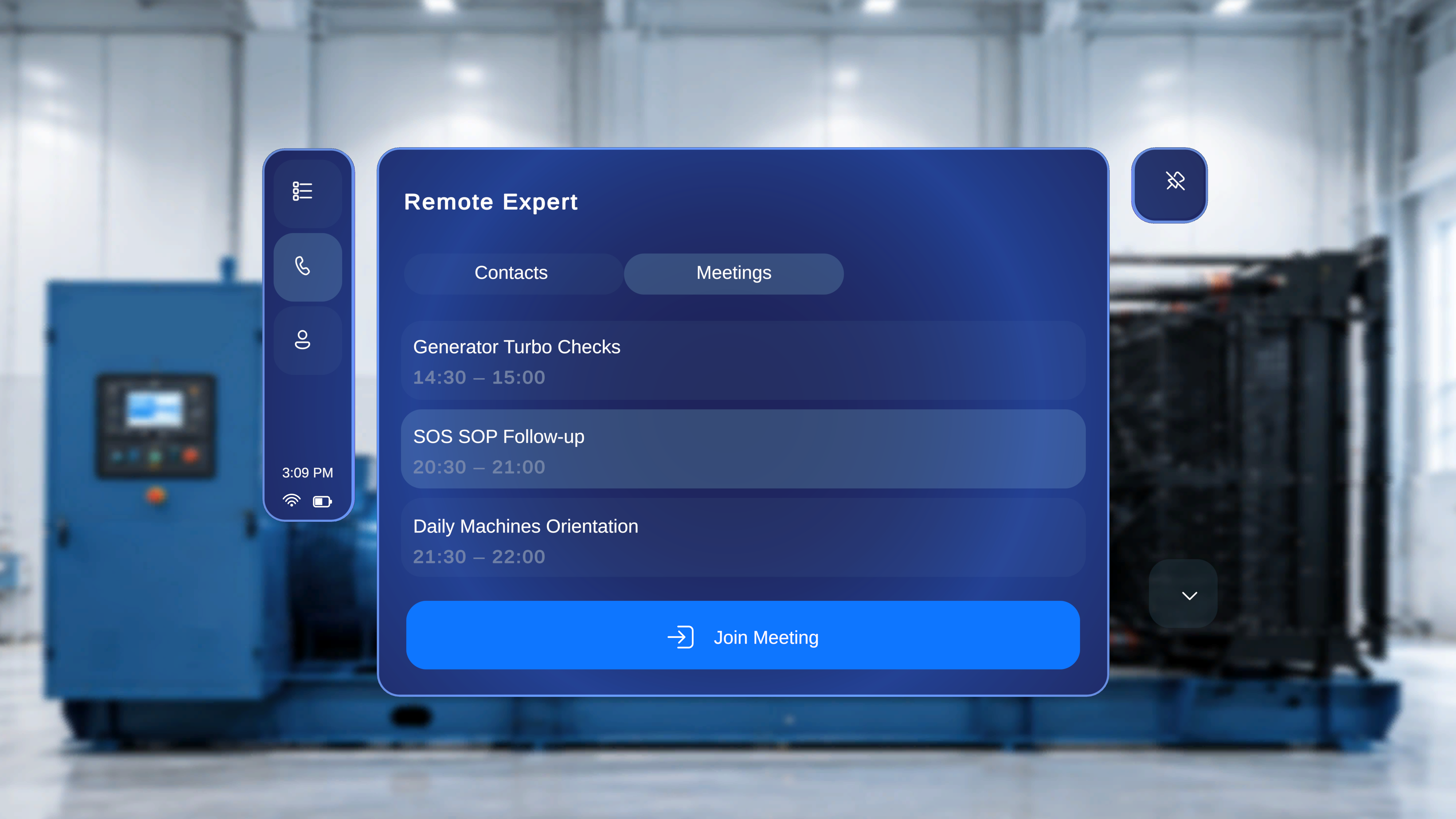 A scheduled meeting selected in the Meetings tab with the Join Meeting button enabled