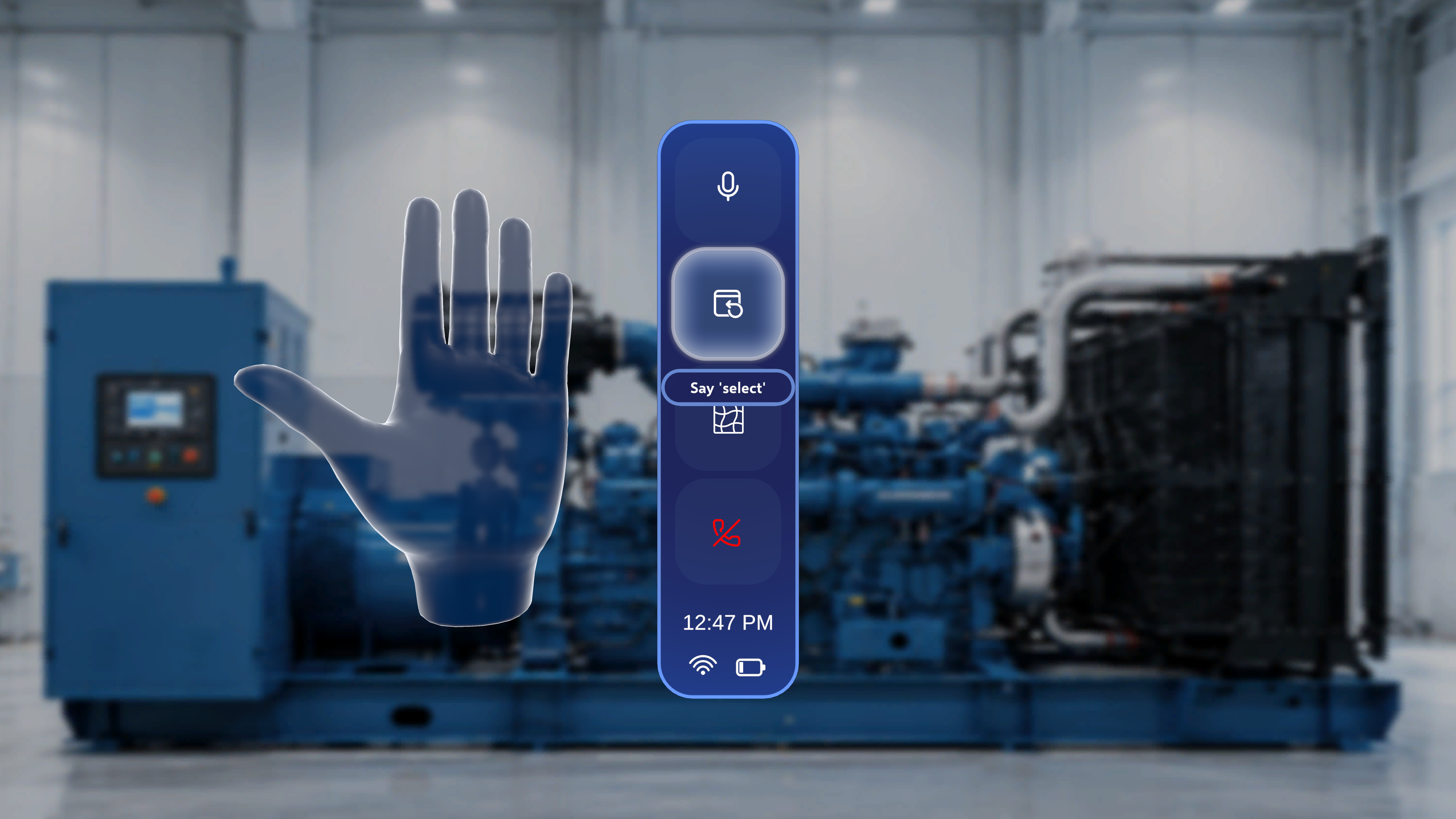 Remote Expert hand menu with the Reposition Call Panel button highlighted (second from top)