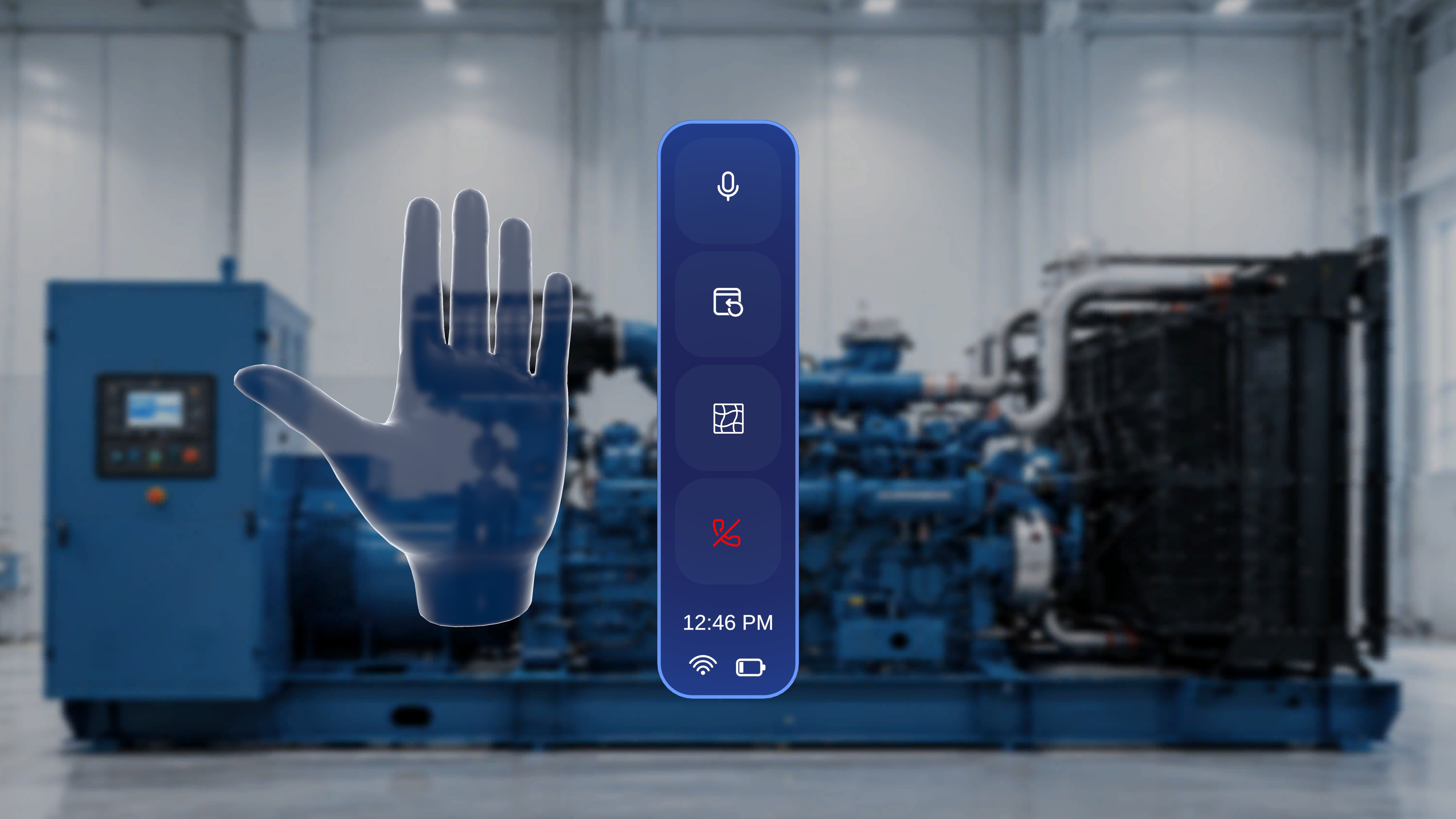 Vertical Remote Expert hand menu with Microphone, Reposition Call Panel, Mesh, and Exit Remote Expert buttons from top to bottom