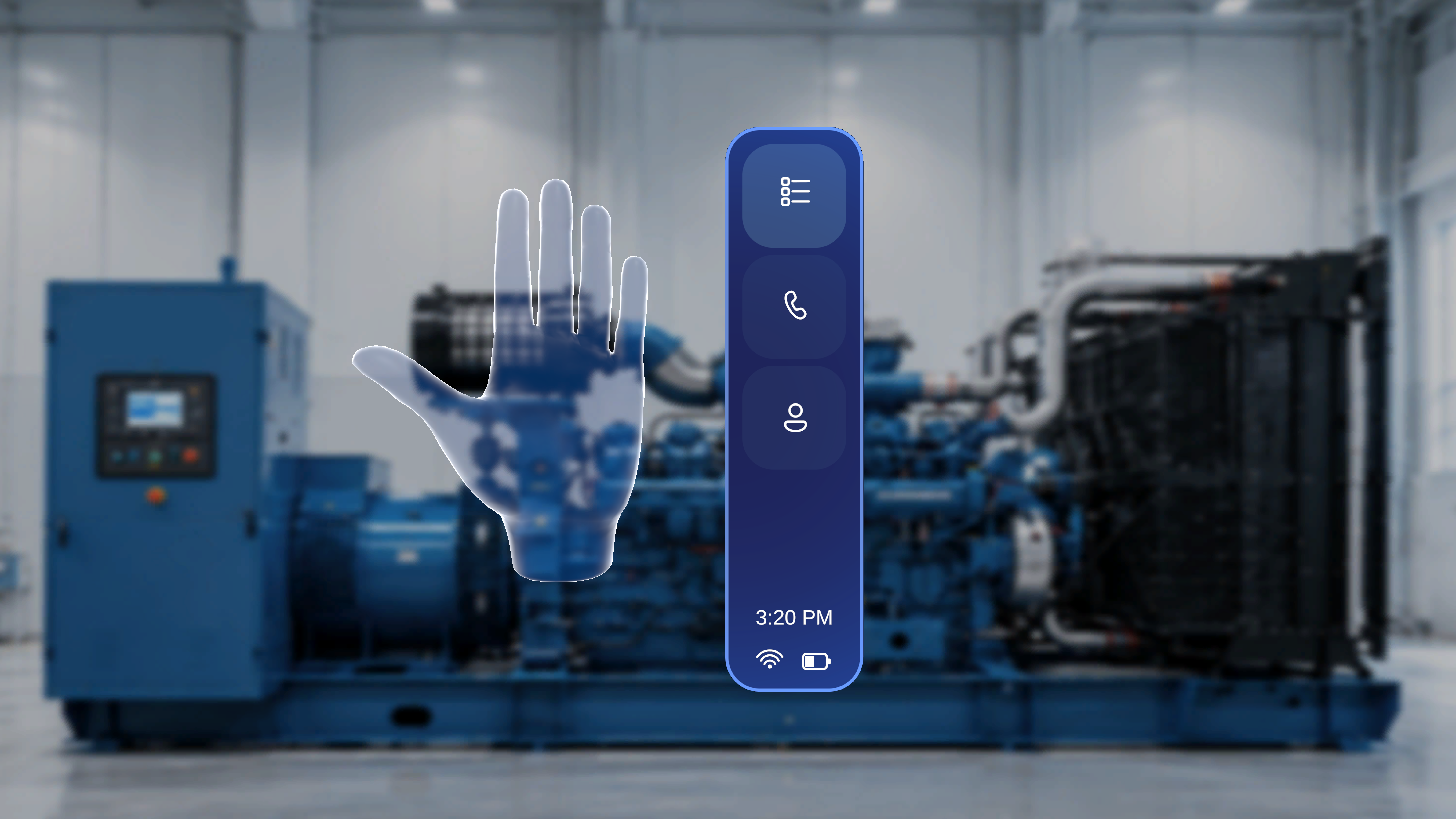 Floating side menu anchored to a raised palm, showing the Procedures, Remote Expert, and Profile options