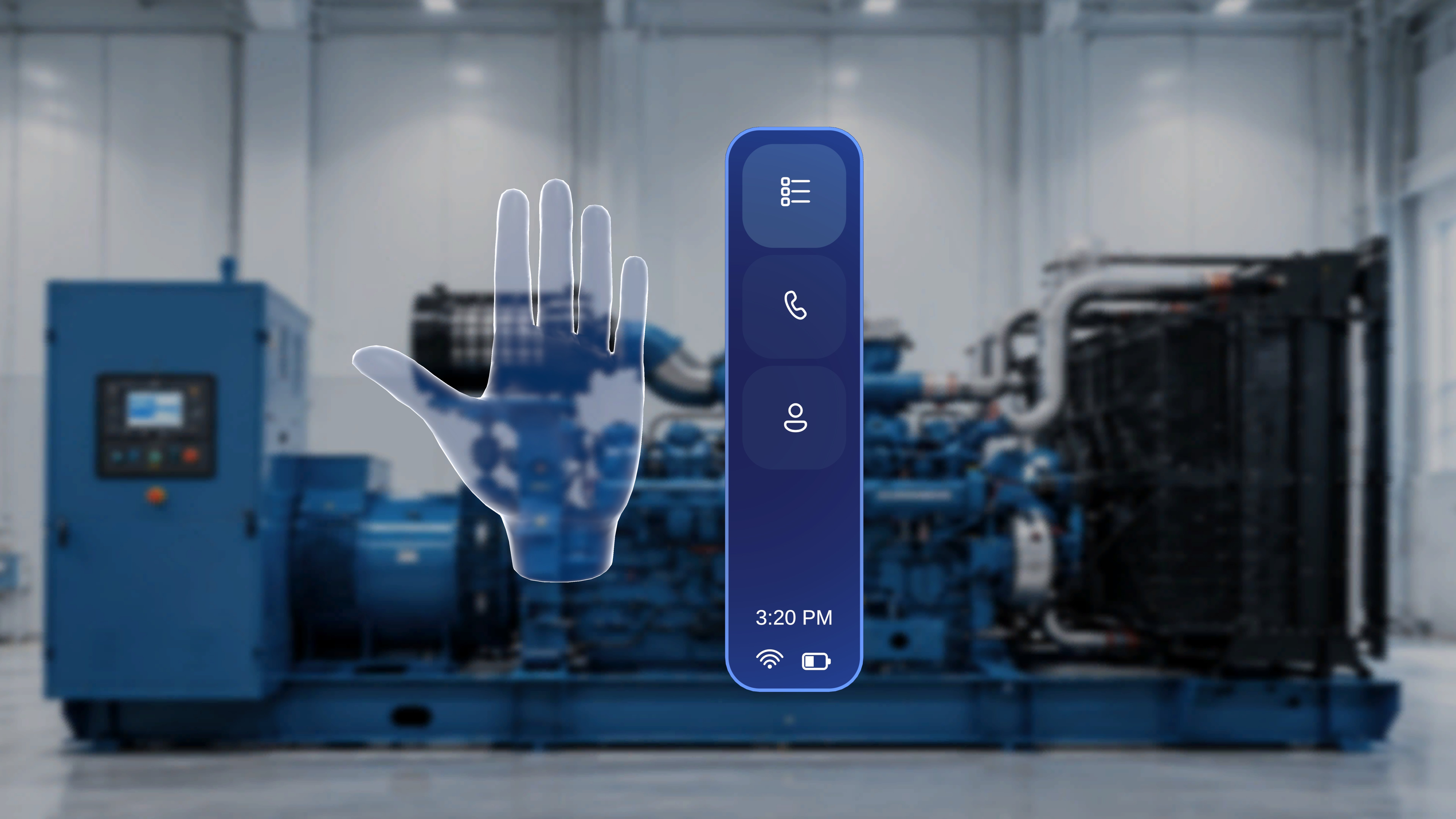 Floating side menu anchored to a raised palm, showing the Procedures, Remote Expert, and Profile options
