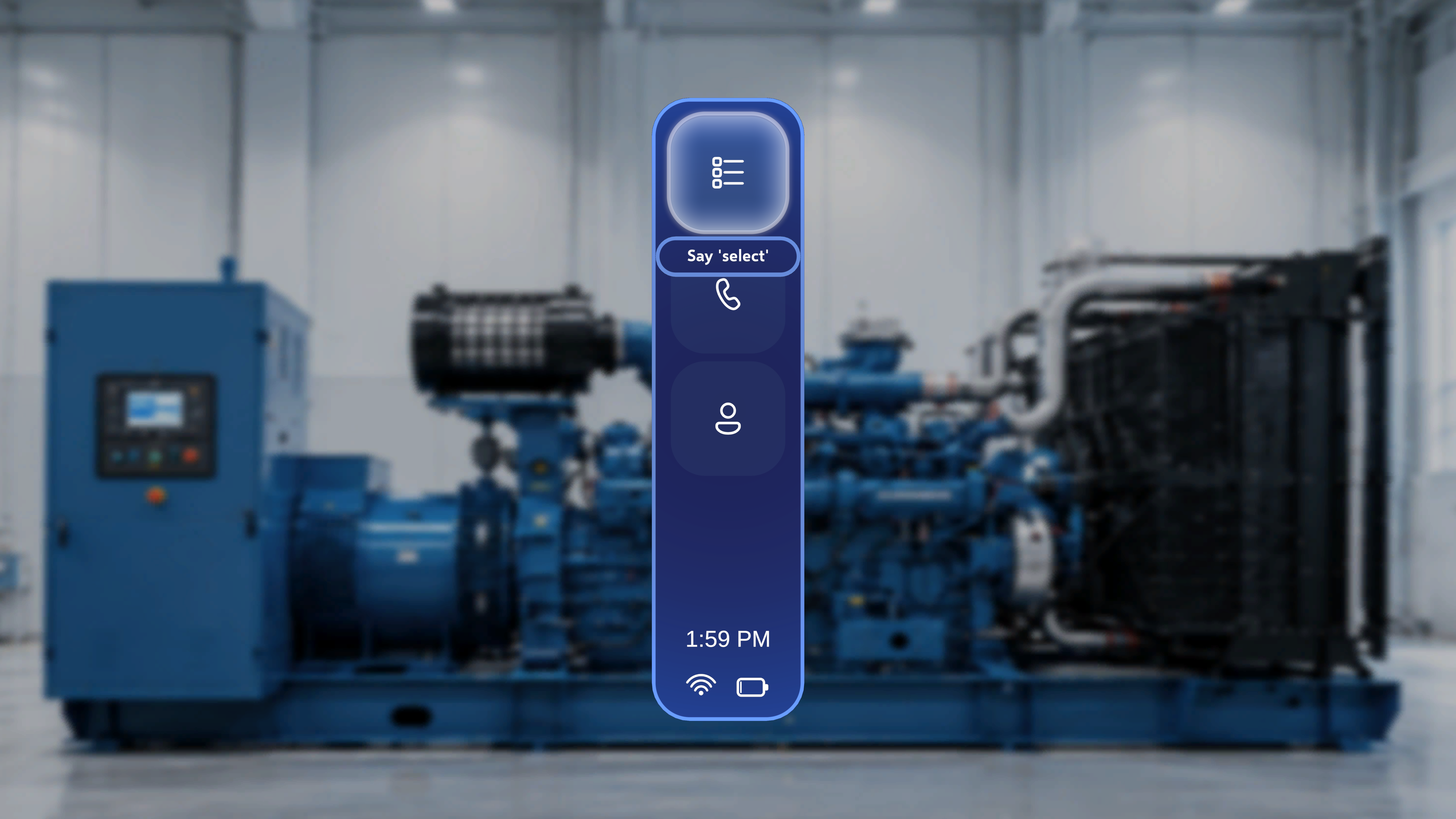 Procedures button (top icon) focused on the global side menu with a 'Say select' voice-command hint