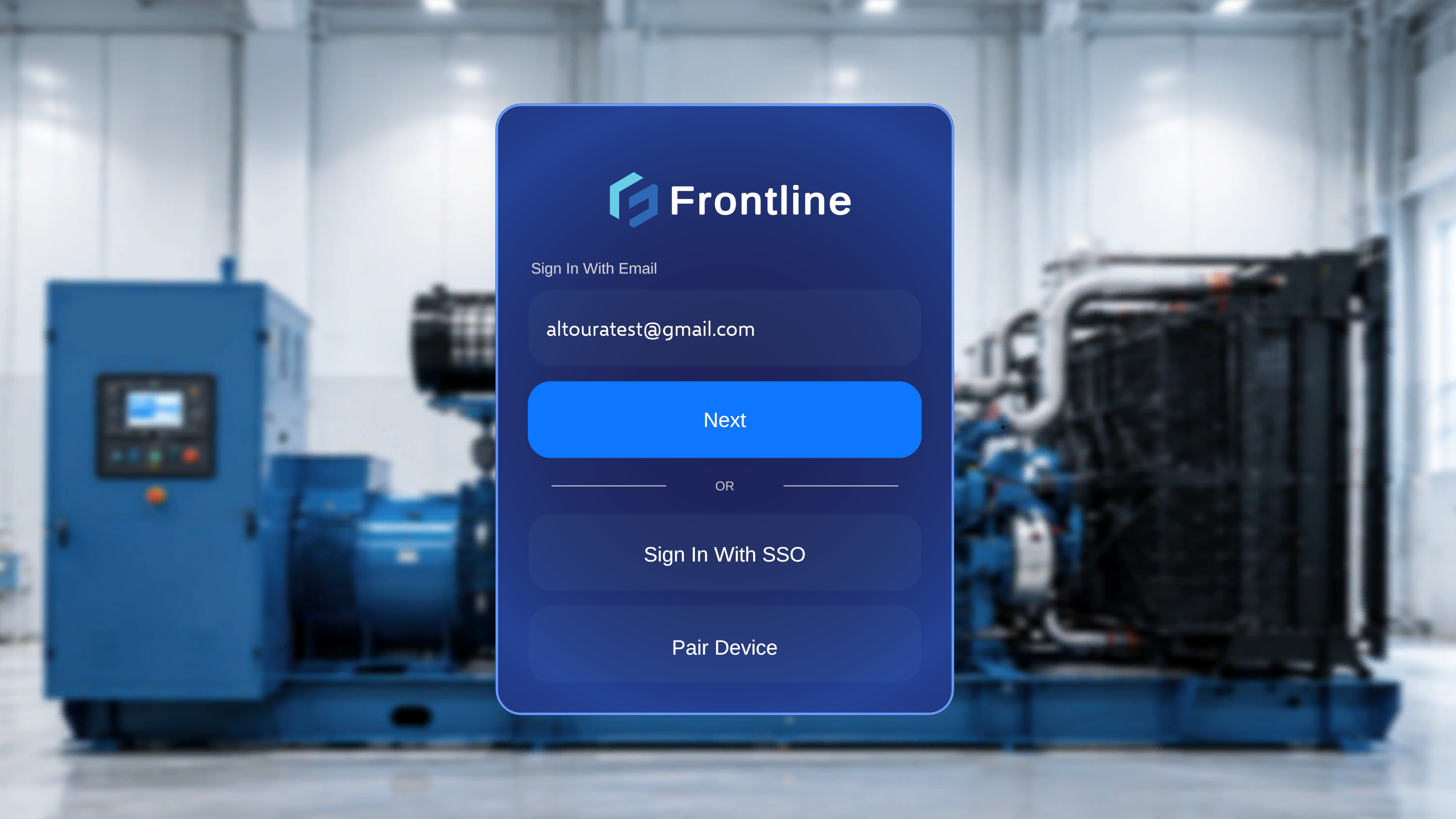 Altoura Frontline sign-in screen with an email address entered, ready to tap Next