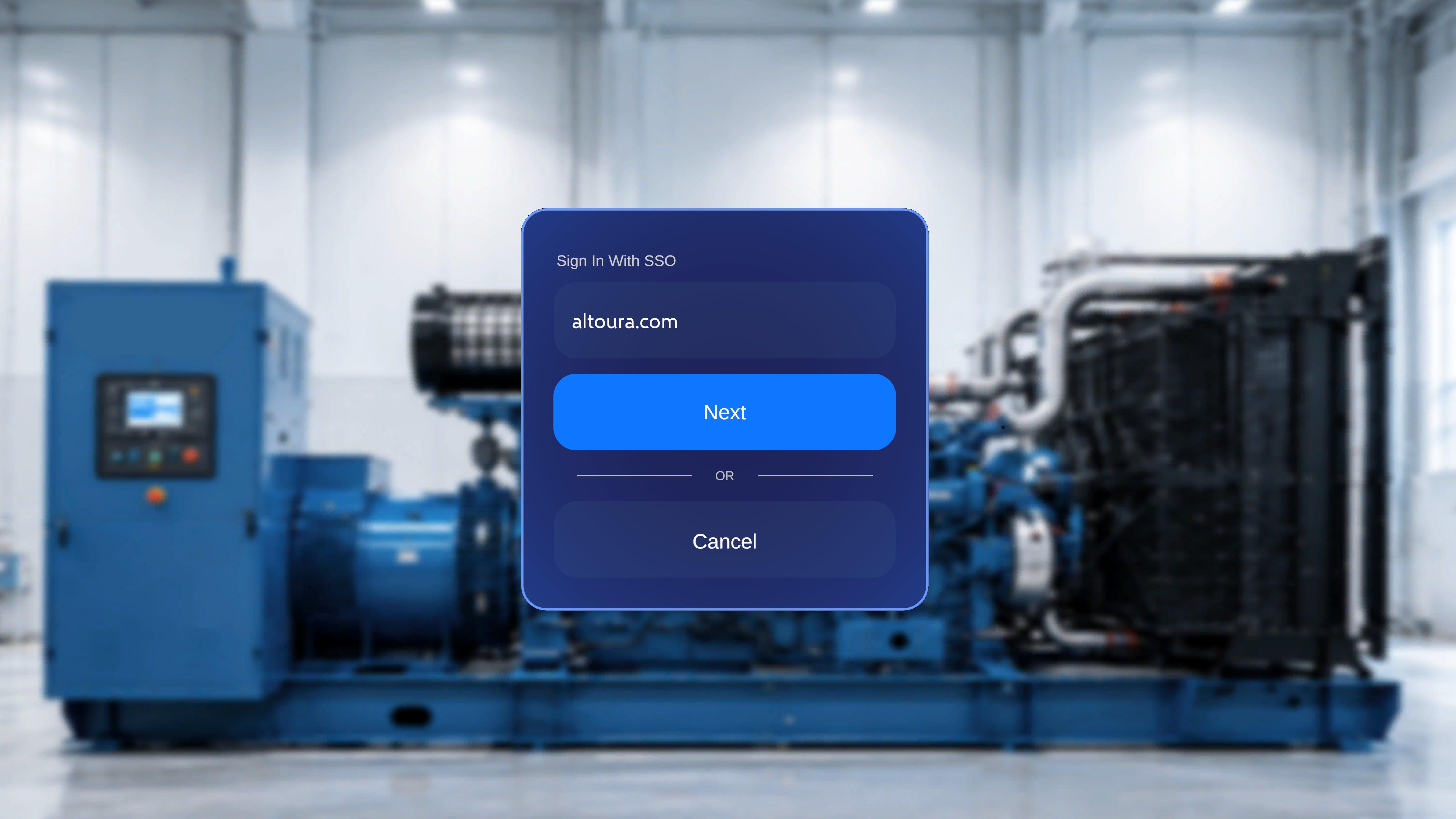 Altoura Frontline Sign In With SSO screen with a domain field, Next button, and Cancel option