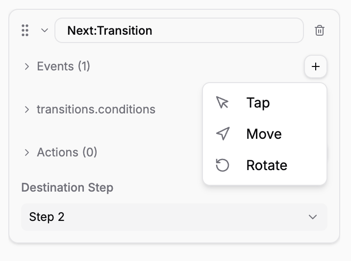 Transition panel showing event picker with Tap, Move, and Rotate options