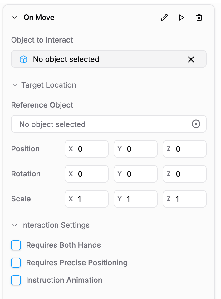 On Move event configuration showing Object to Interact, Target Location with Reference Object and Position/Rotation/Scale fields, and Interaction Settings