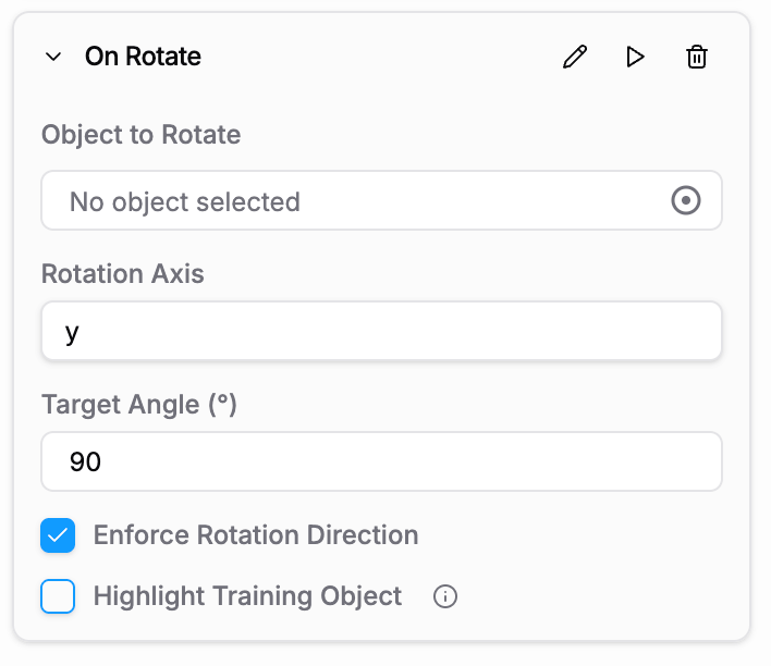 On Rotate event configuration showing Object to Rotate, Rotation Axis, Target Angle, Enforce Rotation Direction, and Highlight Training Object