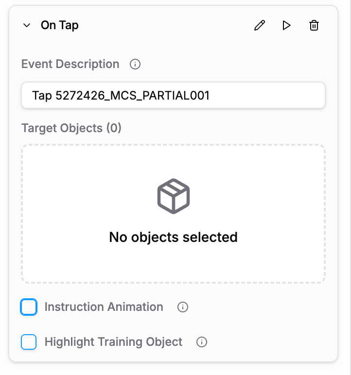 On Tap event configuration showing Event Description, Target Objects, Instruction Animation, and Highlight Training Object options
