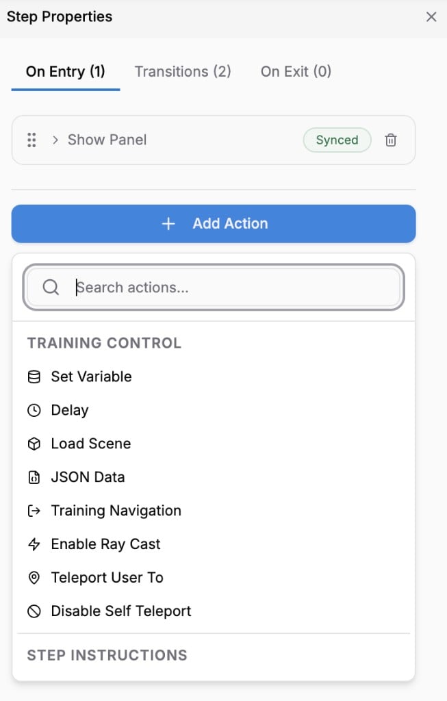 Add Action picker showing actions like Set Variable, Delay, Load Scene grouped by category