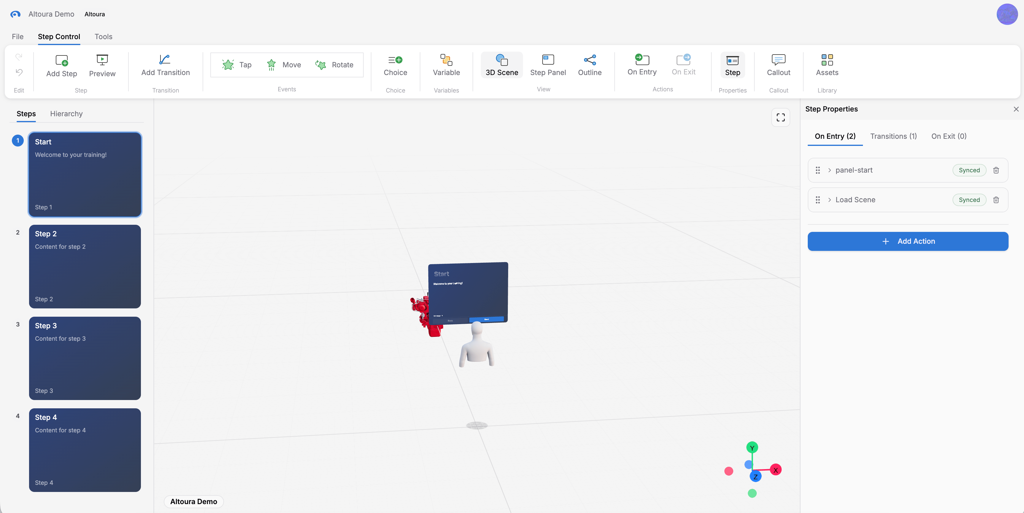 Creator App canvas showing steps, 3D viewer, and properties panel