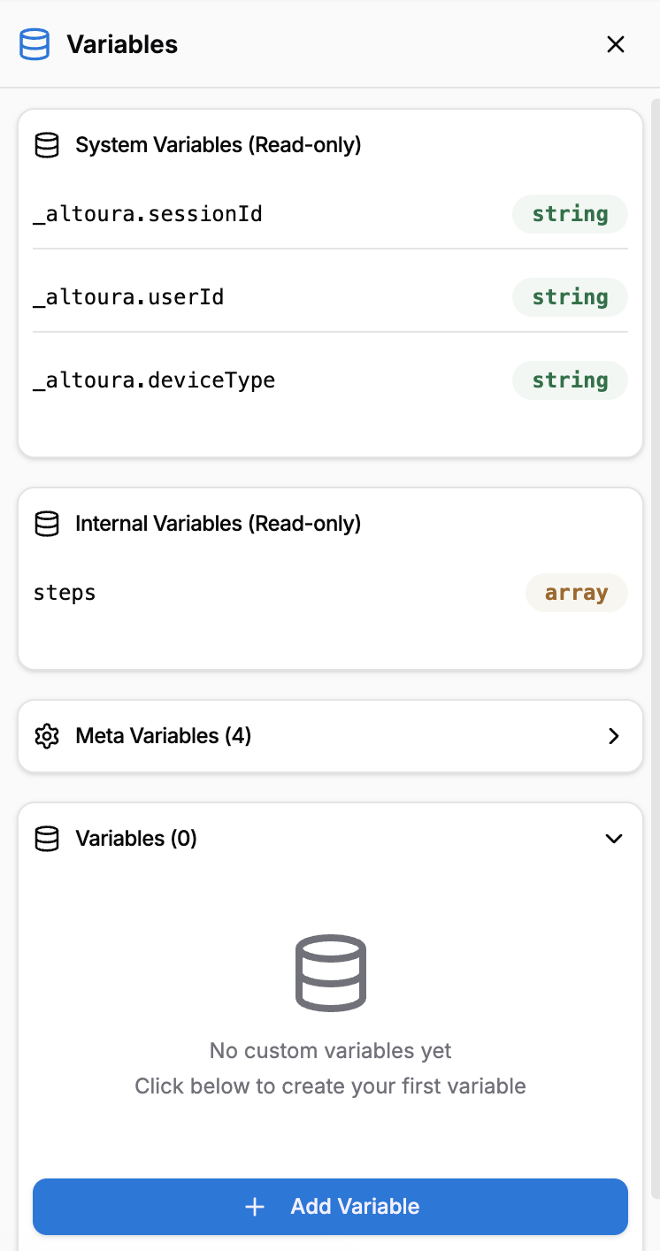 Variables pane showing System Variables, Internal Variables, Meta Variables, and the Variables section with an Add Variable button