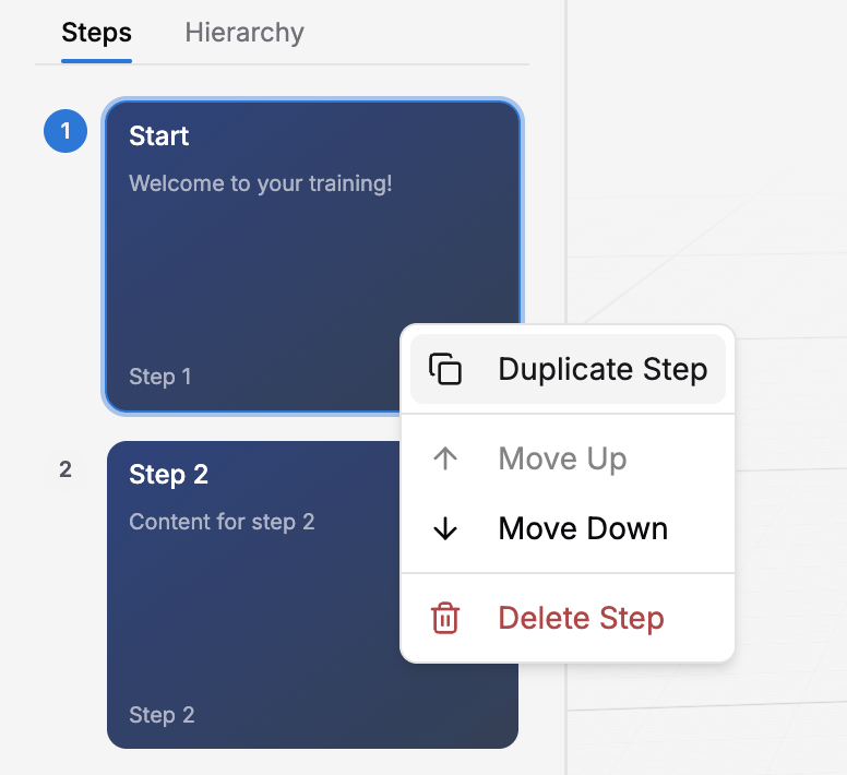 State context menu showing Duplicate, Move Up, Move Down, and Delete options