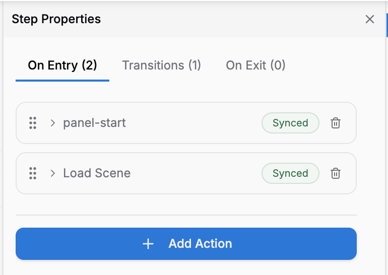 Properties panel with On Entry, Transitions, and On Exit tabs