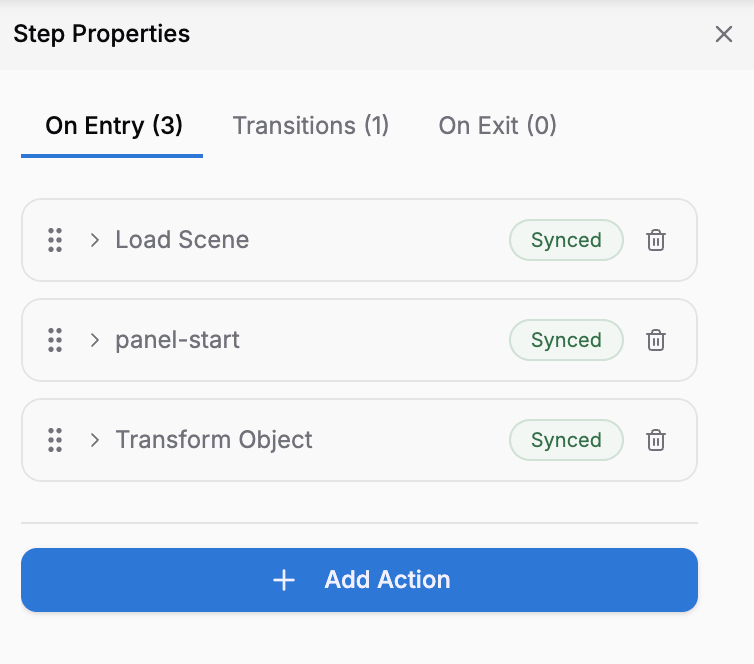Properties panel On Entry tab with three actions listed: panel-start, Load Scene, and Transform Object