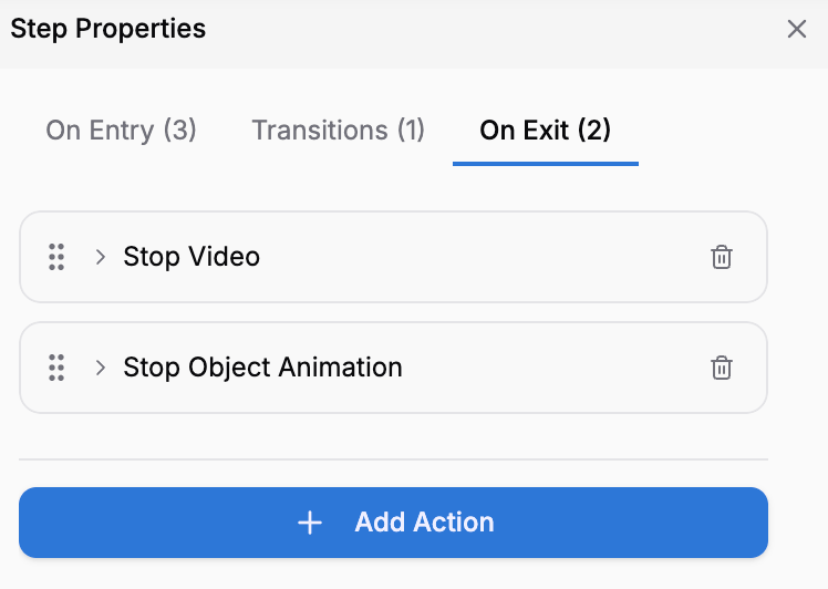 Properties panel On Exit tab showing Stop Audio and Stop Video actions with Add Action button