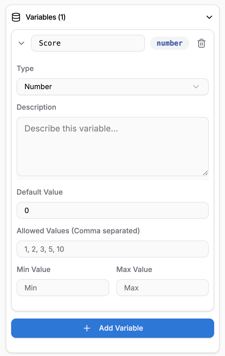 Variable editor showing Type dropdown set to Number with Default Value, Allowed Values, and Min/Max fields