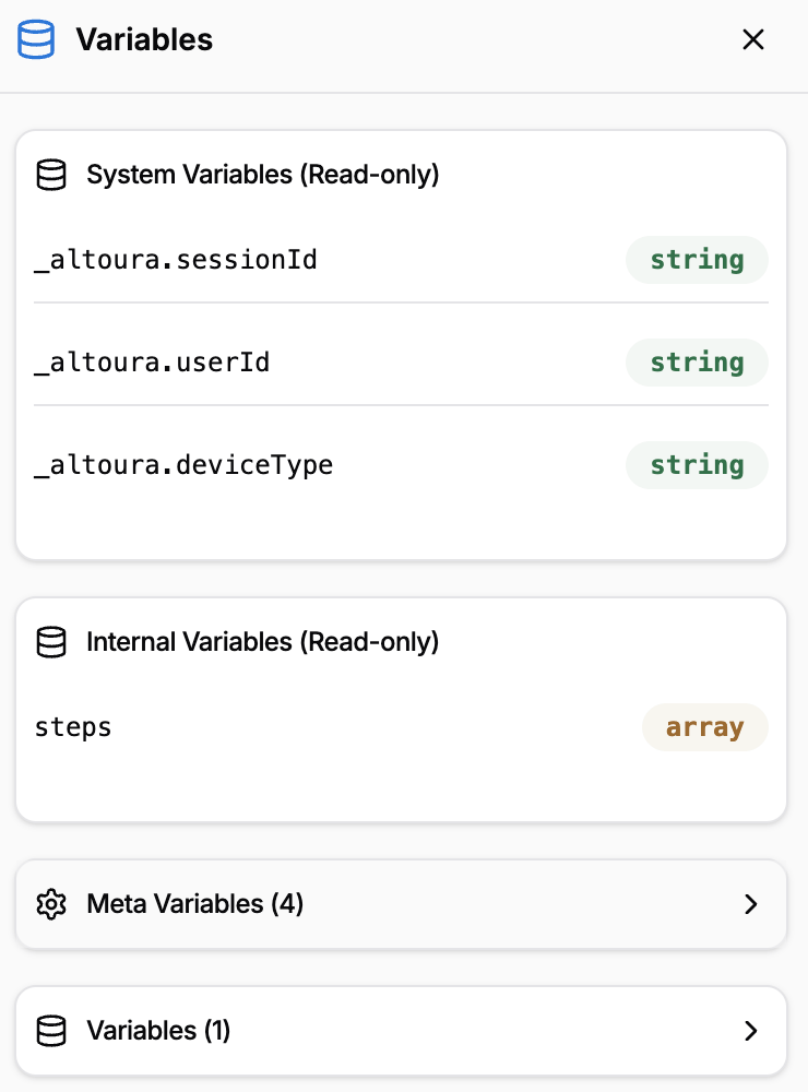 Variables pane showing System Variables (_altoura.sessionId, userId, deviceType), Internal Variables, Meta Variables, and the Variables section with an Add Variable button