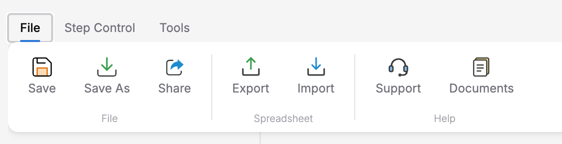 File tab on the ribbon showing Save, Save As, and Share buttons, plus an Export Spreadsheet and Import Spreadsheet group on the right
