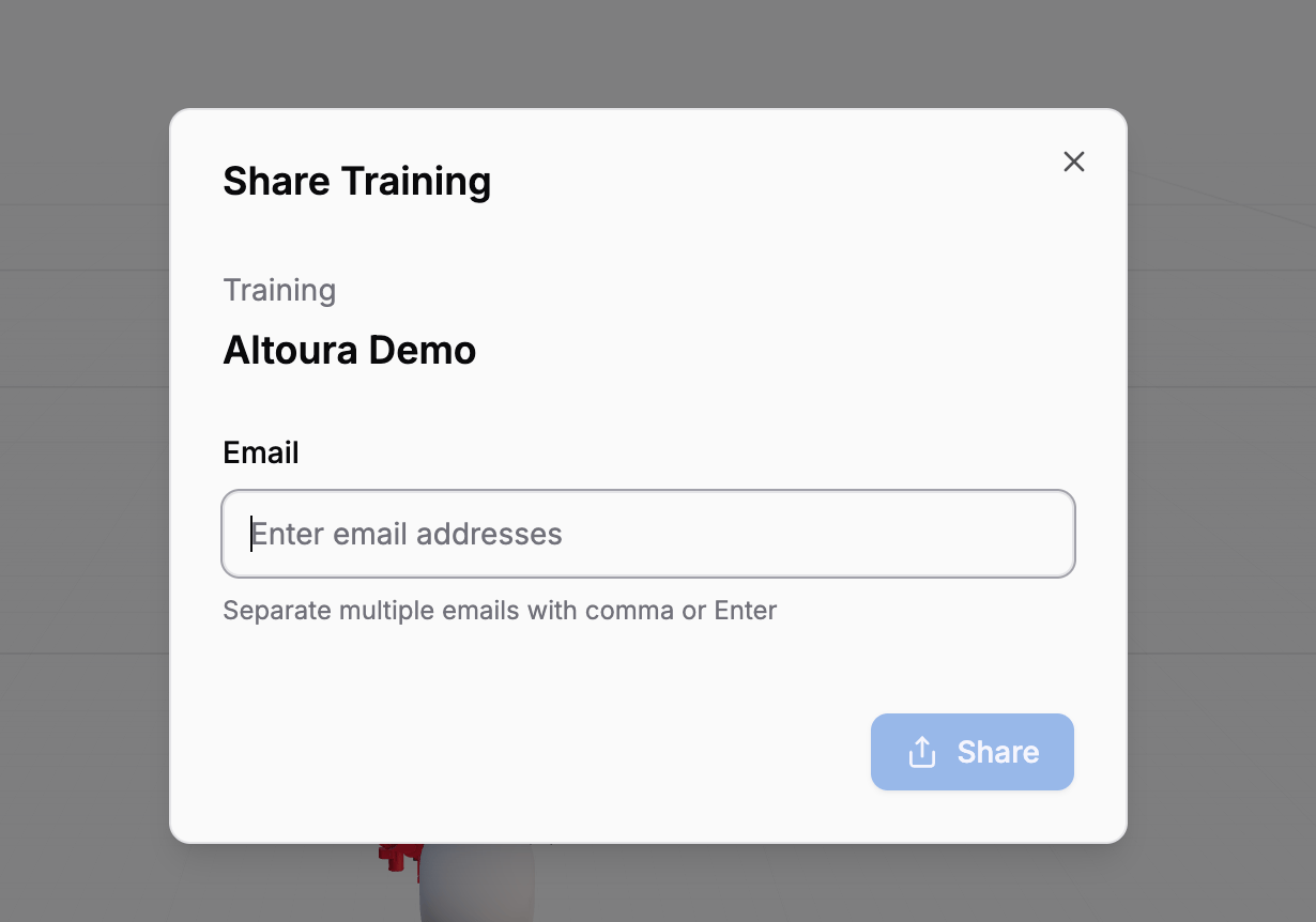 Share Training dialog showing the training name 'Altoura Demo', an Email field with placeholder 'Enter email addresses', helper text 'Separate multiple emails with comma or Enter', and a disabled Share button