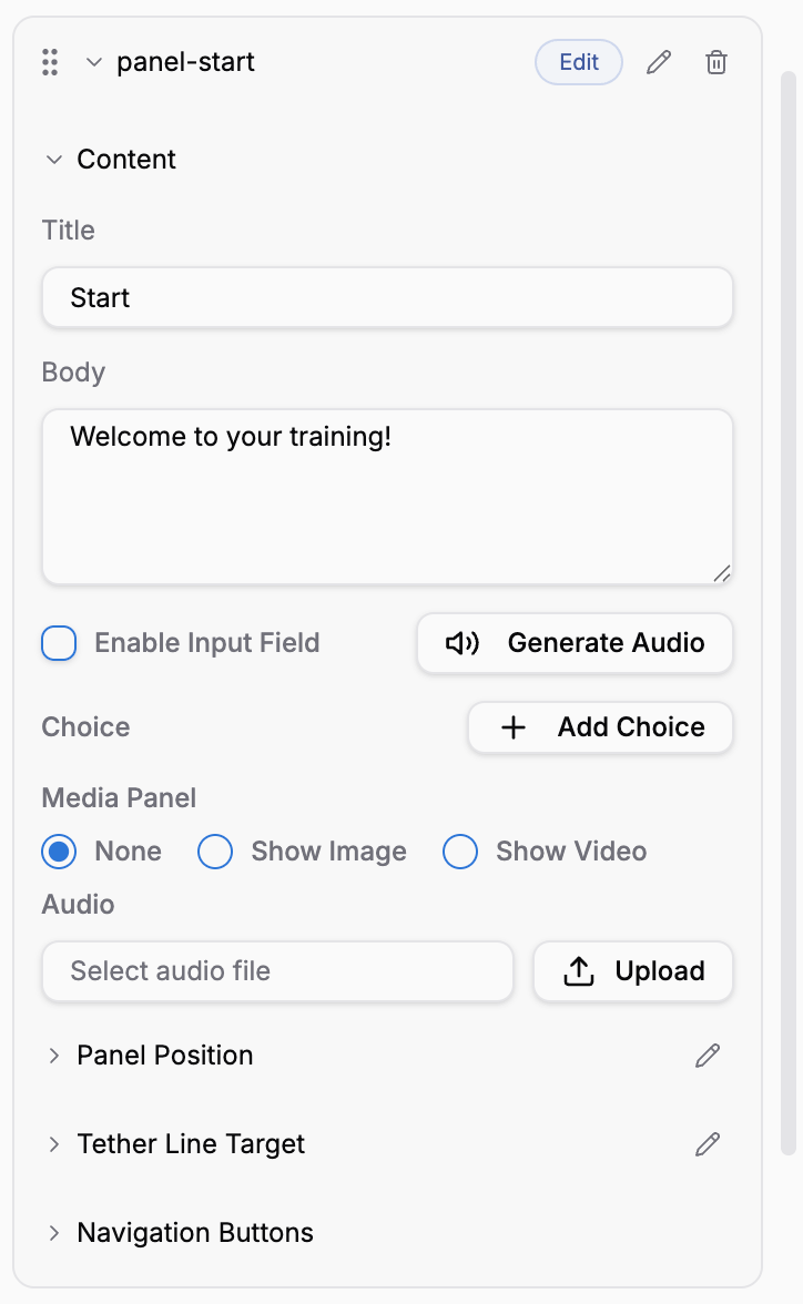 Show Panel action editor showing Body text 'Welcome to your training!', Generate Audio button, Choice section, Media Panel options, and a Generated Audio preview with playback controls