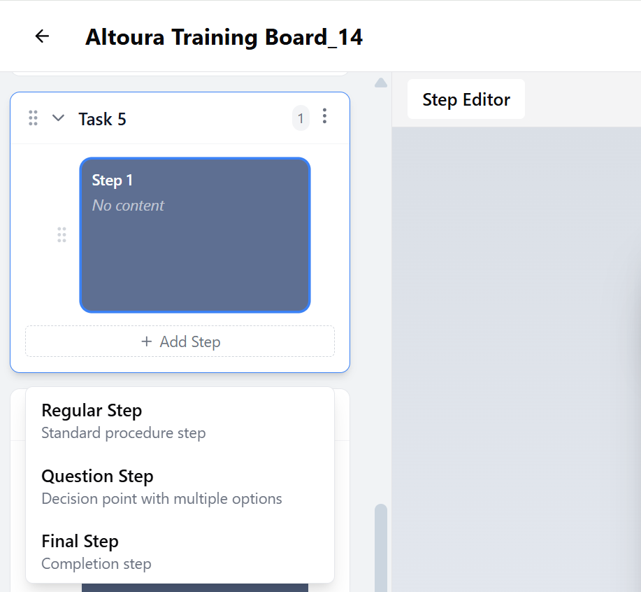 The Add Step dropdown showing the three step type options: Regular Step, Question Step, and Final Step, each with a short description.