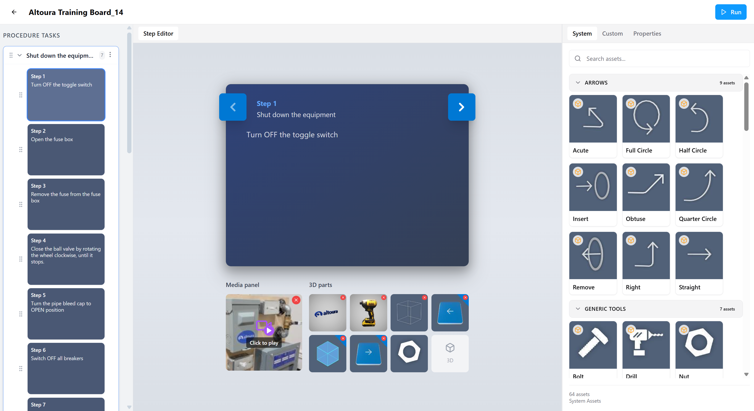 The full Edit Mode layout showing the Assets panel on the right with the System tab open, listing asset categories (Arrows, Generic Tools) with thumbnails alongside the Step Editor and Procedure Tasks panel.