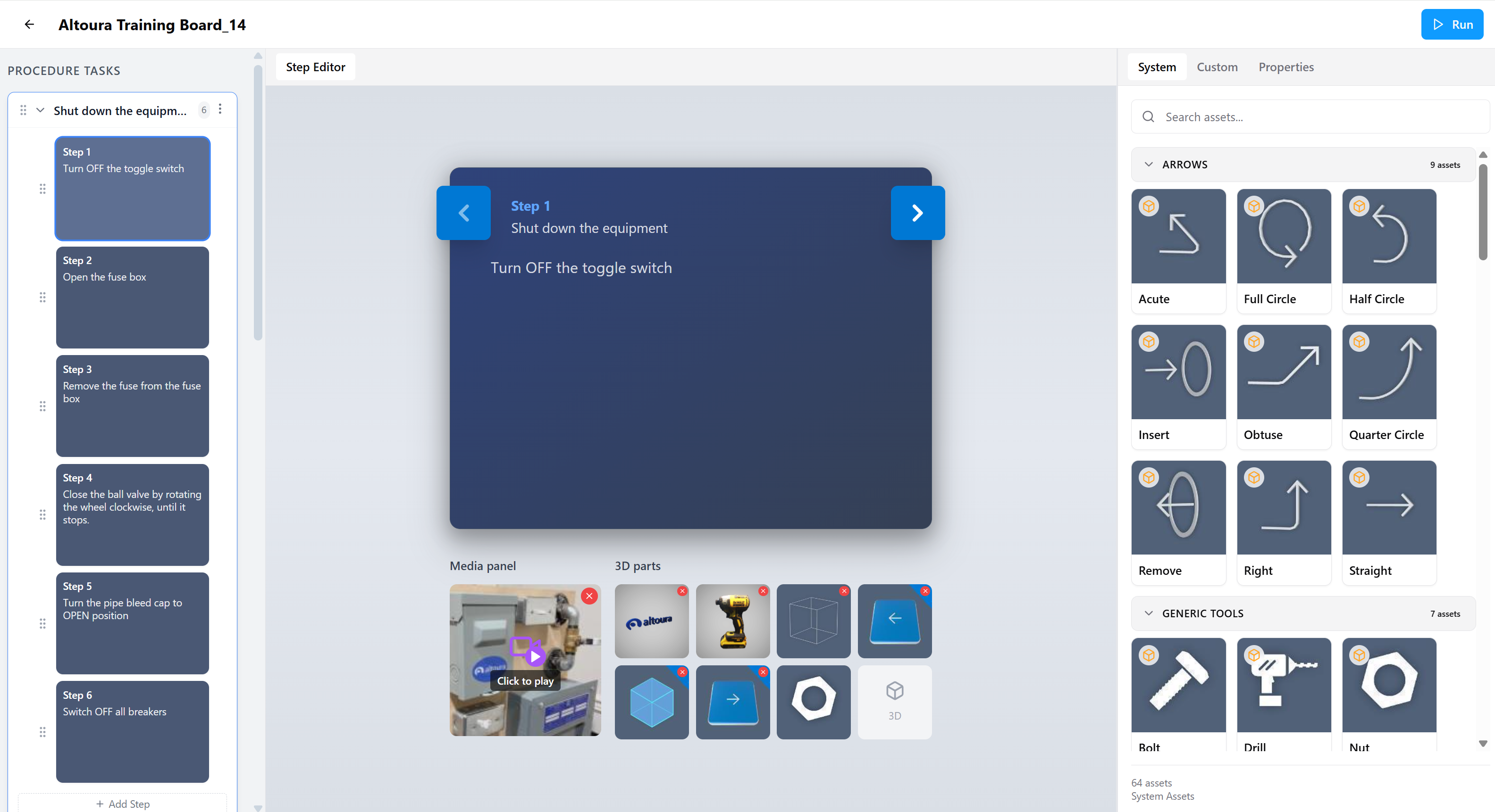 The full Edit Mode layout showing the Procedure Tasks panel on the left, the Step Editor in the center with the current step, and the Assets panel on the right with the System tab open showing asset categories.