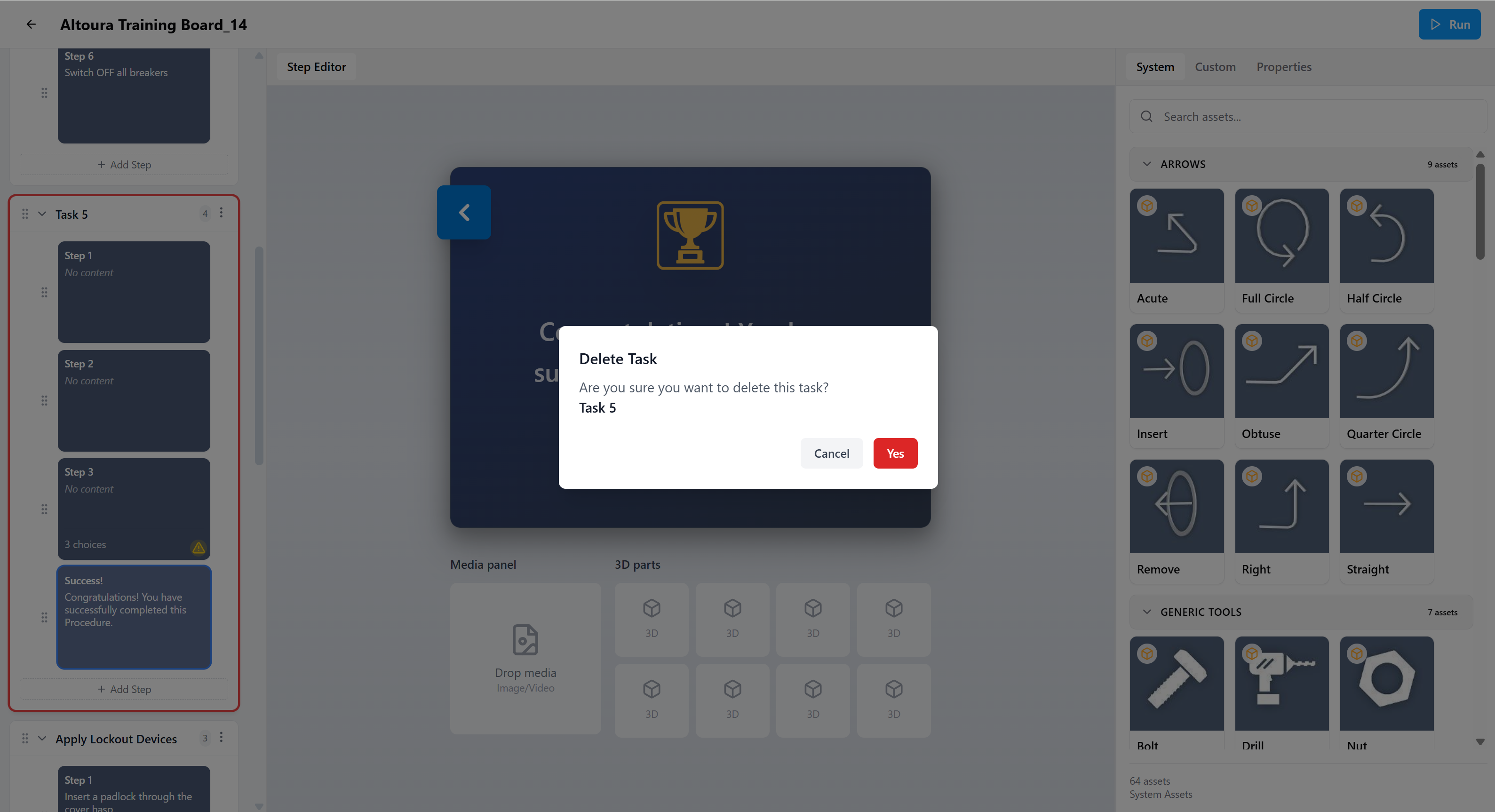 Delete Task confirmation dialog asking 'Are you sure you want to delete this task?' with the task name shown and Cancel and Yes buttons.