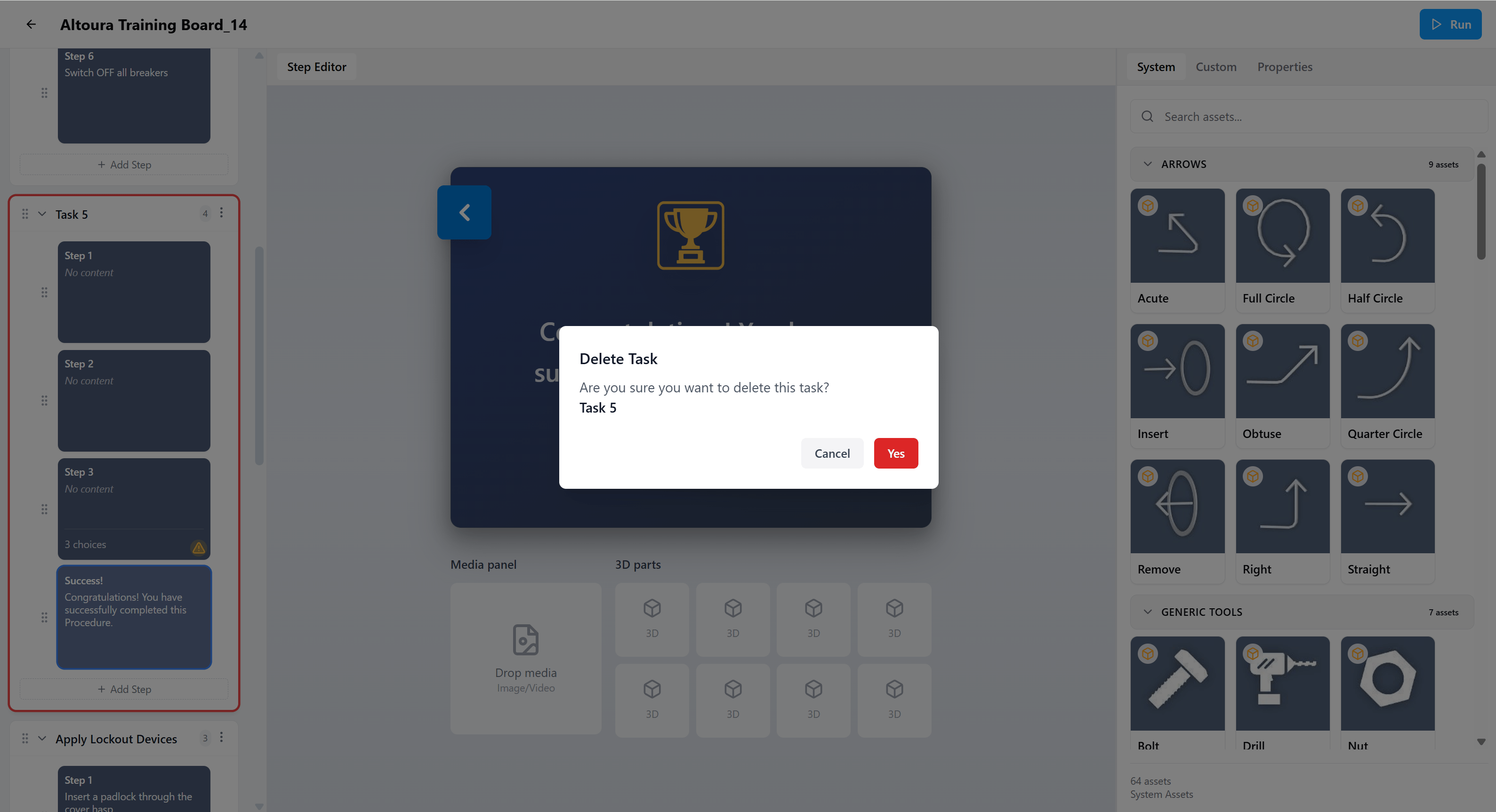 Delete Task confirmation dialog asking 'Are you sure you want to delete this task?' with the task name shown and Cancel and Yes buttons.