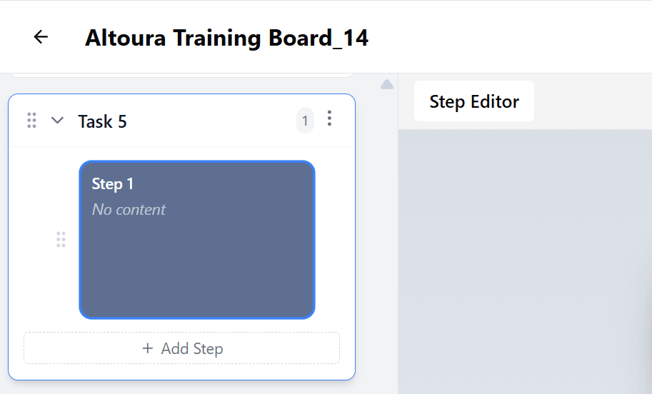 A newly created Task 5 with a single empty Step 1 marked 'No content' and an Add Step button at the bottom.