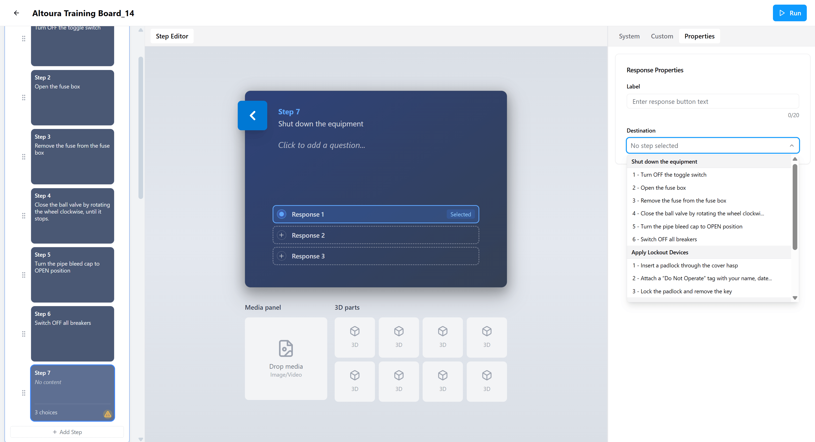 The Response Properties panel on the right showing a Label field with a 20-character limit and an open Destination dropdown listing destination steps grouped by their parent task.