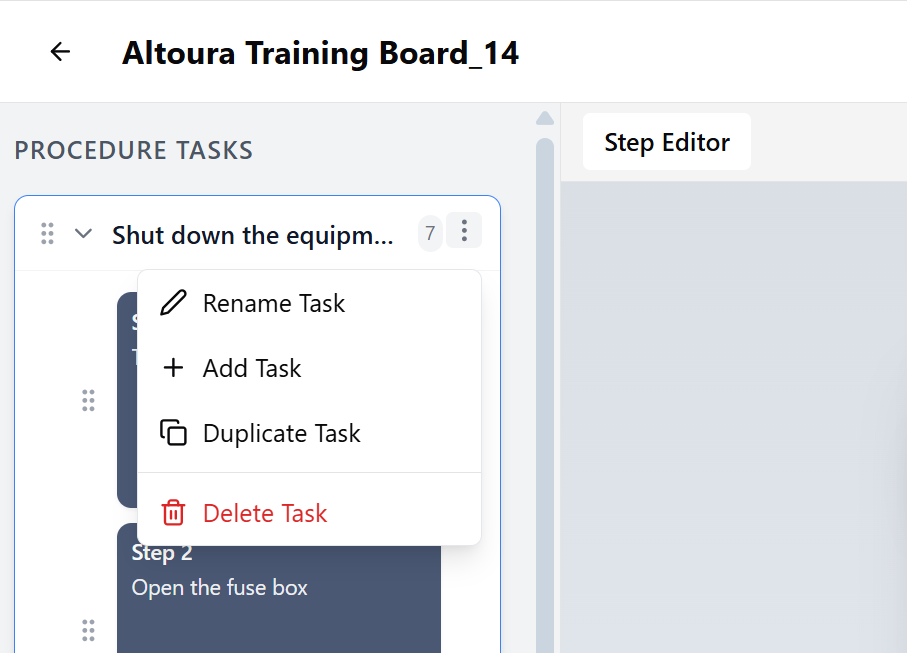 The task menu opened from a task's three-dot icon, showing Rename Task, Add Task, Duplicate Task, and Delete Task options.