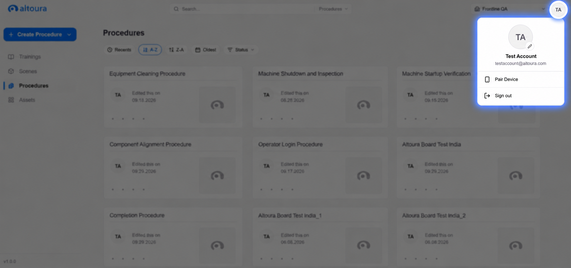 The Procedures page with the profile avatar dropdown opened in the top-right corner, showing the user's name, email, Pair Device option, and Logout option.