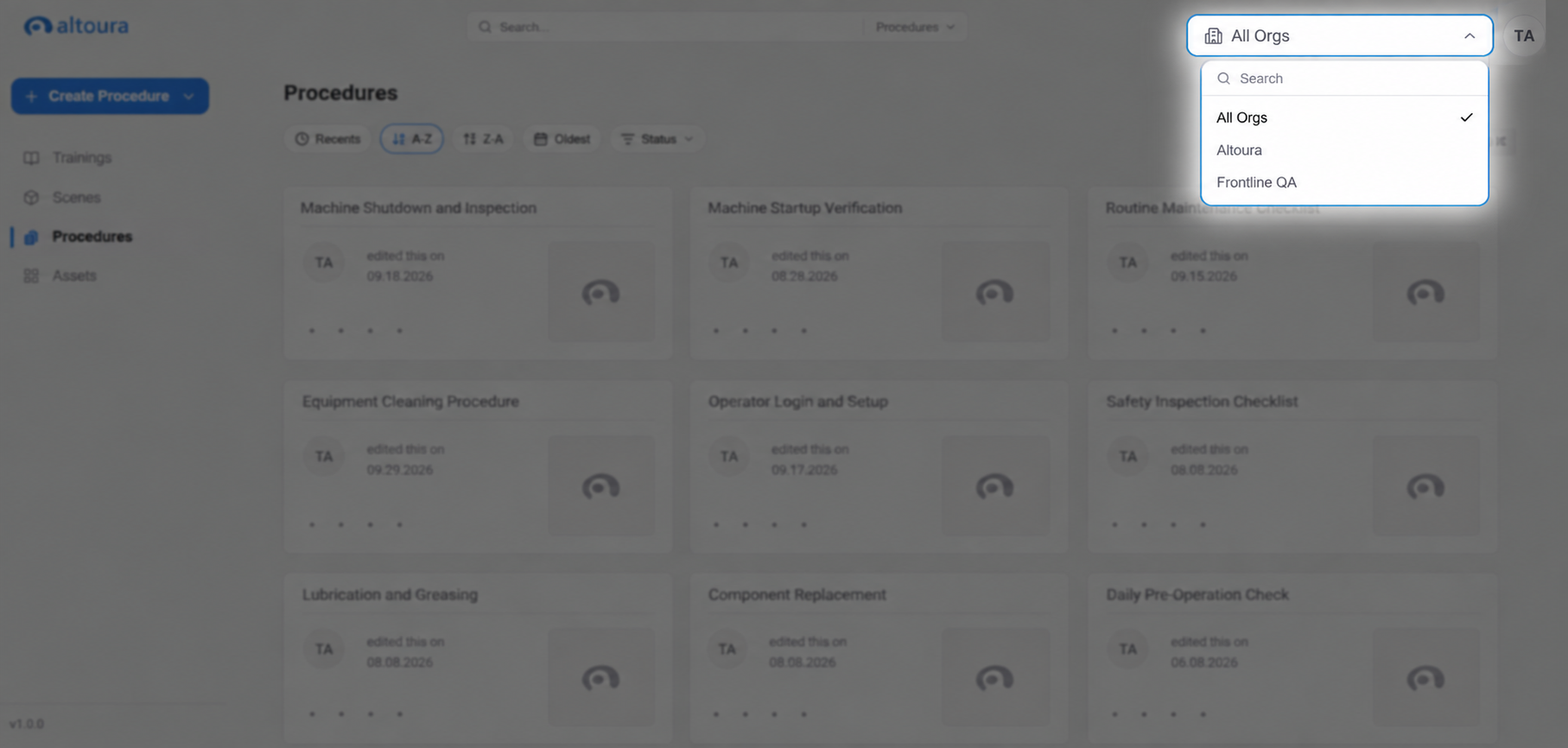 The Organization selector in the top navigation, expanded to show the available organizations.