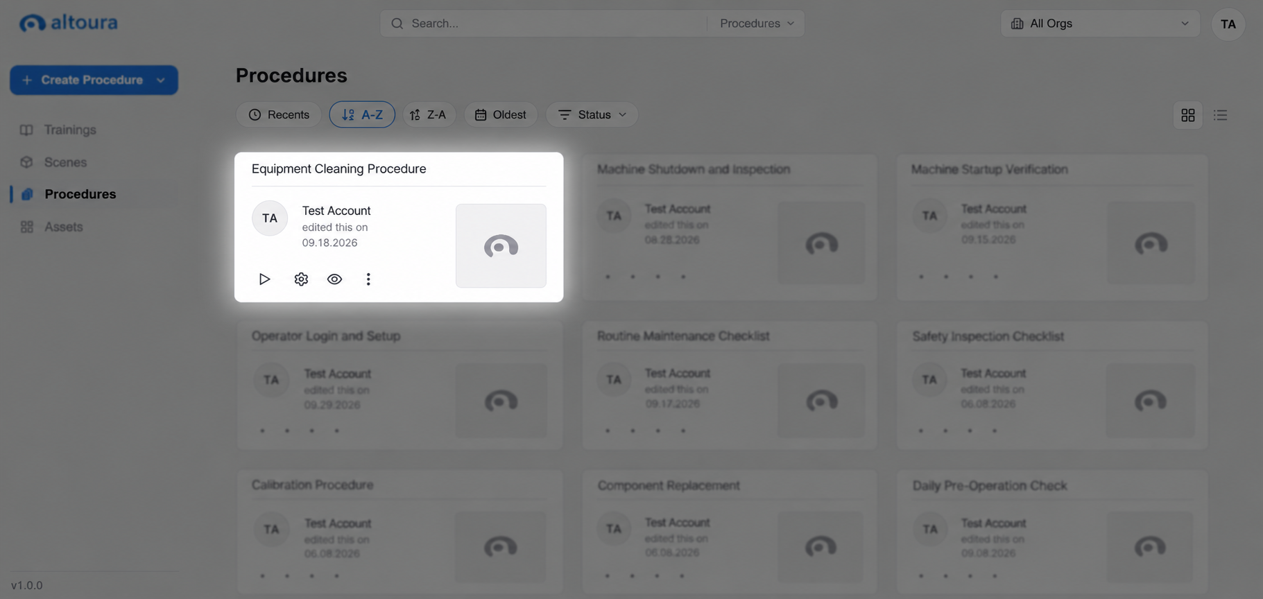 A procedure card with the Run, Properties, Set Active or Set Inactive, and More options actions visible.