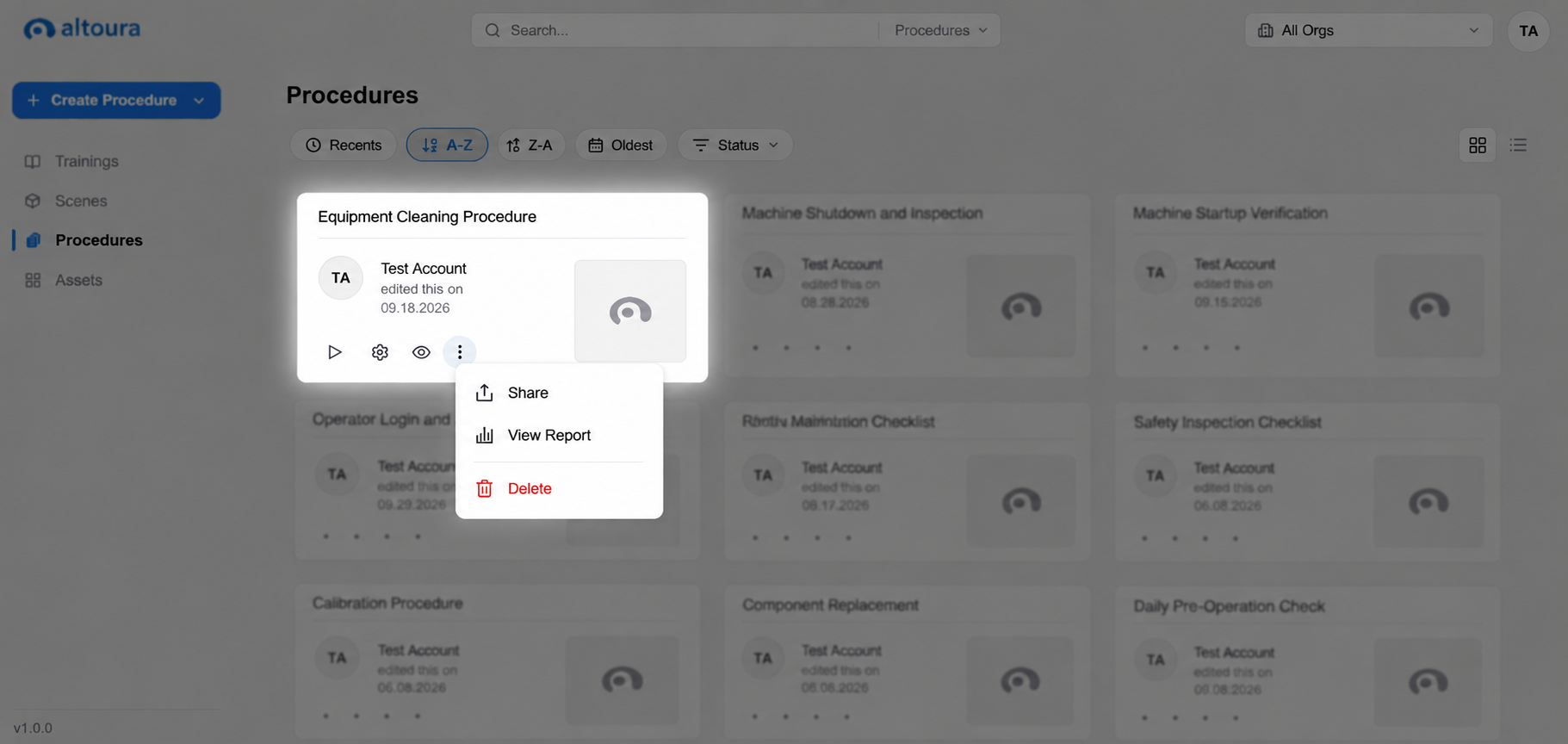 The More options menu for a procedure showing Share, View Report, and Delete.