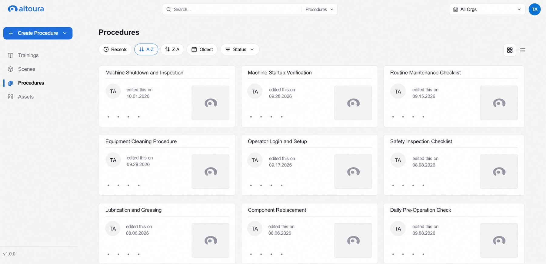 Procedures page in the Altoura Frontline Procedures Portal, with the Create Procedure button visible in the top-right.